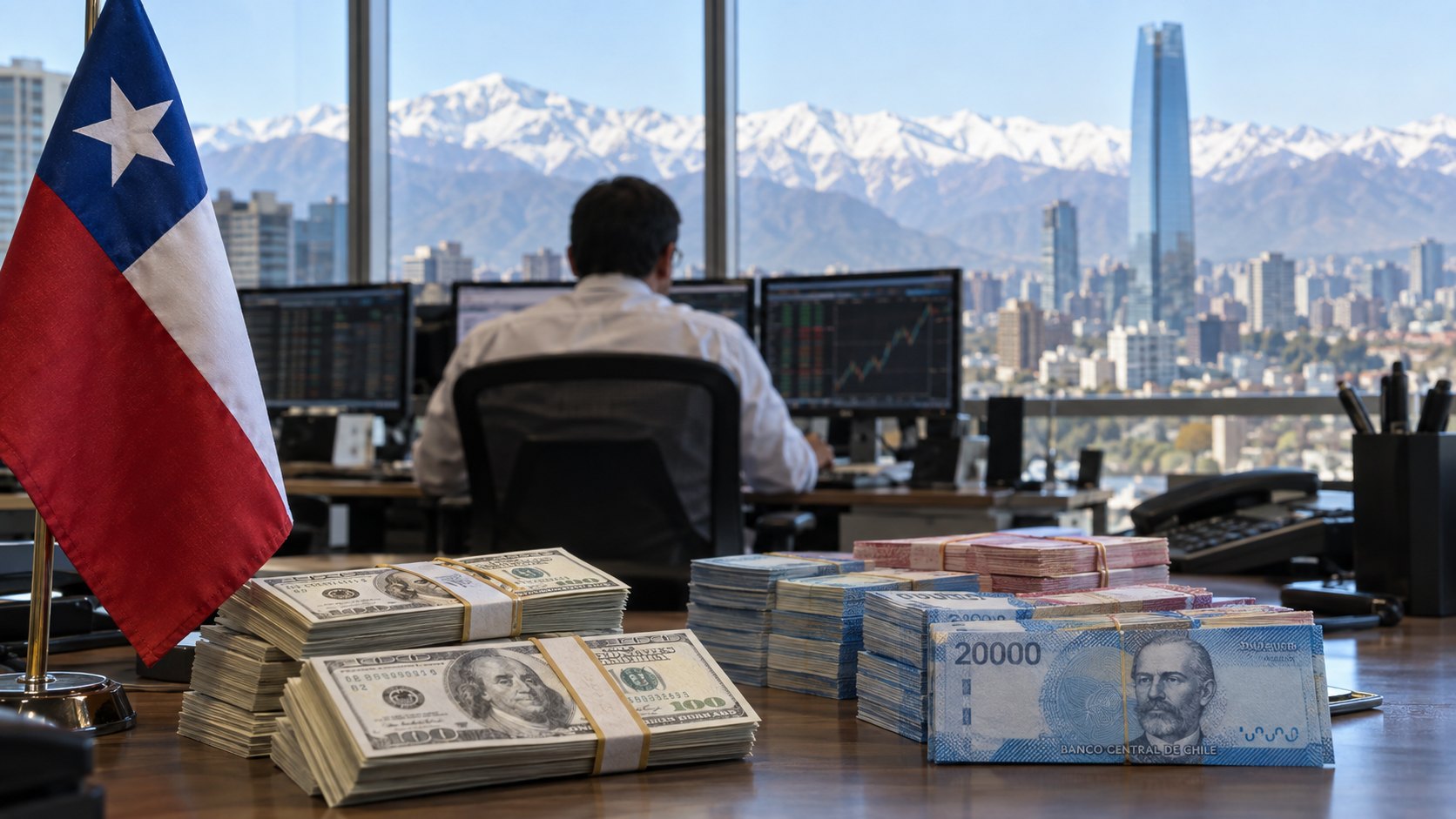 Ilustración editorial generada con IA: una bandera de Chile junto a una mesa de operaciones con fajos de dólares estadounidenses y de billetes de 20.000 pesos chilenos, un operador de espaldas frente a sus monitores y, por el ventanal, el skyline de Santiago con la Gran Torre Santiago y la cordillera nevada; composición conceptual, no es una fotografía del Ministerio de Hacienda ni de una operación real.