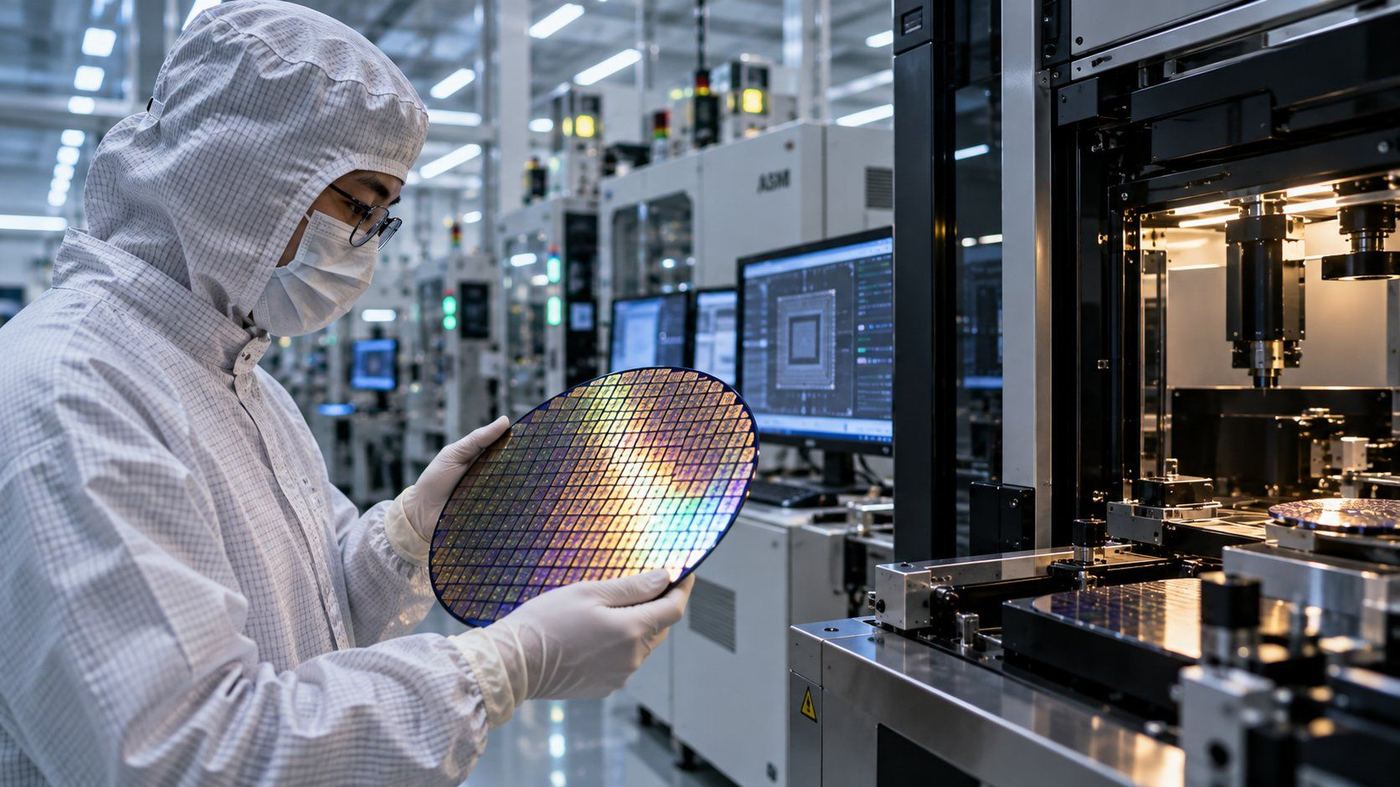 Técnico con traje de sala limpia sosteniendo una oblea de silicio en una planta de fabricación de semiconductores