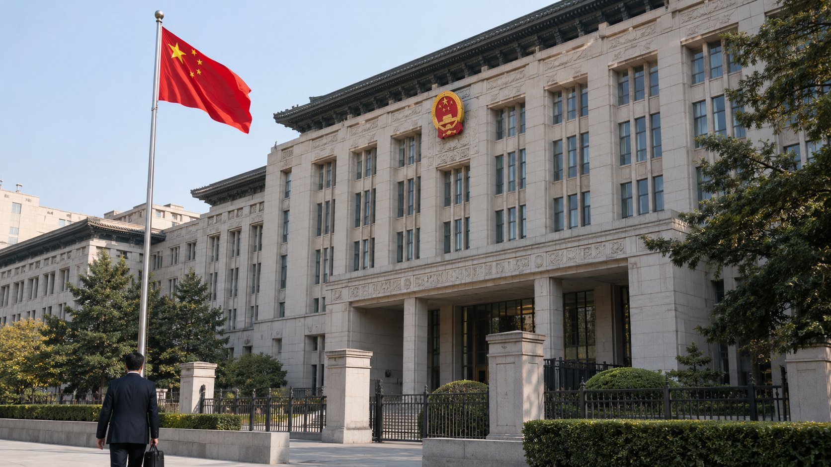 Ilustración editorial generada con IA: la bandera de China flamea frente a un edificio ministerial de piedra con el emblema nacional en la avenida Chang'an de Pekín, mientras un funcionario de traje camina de espaldas con un maletín; composición conceptual, no es una fotografía de la sede ni de un hecho real.