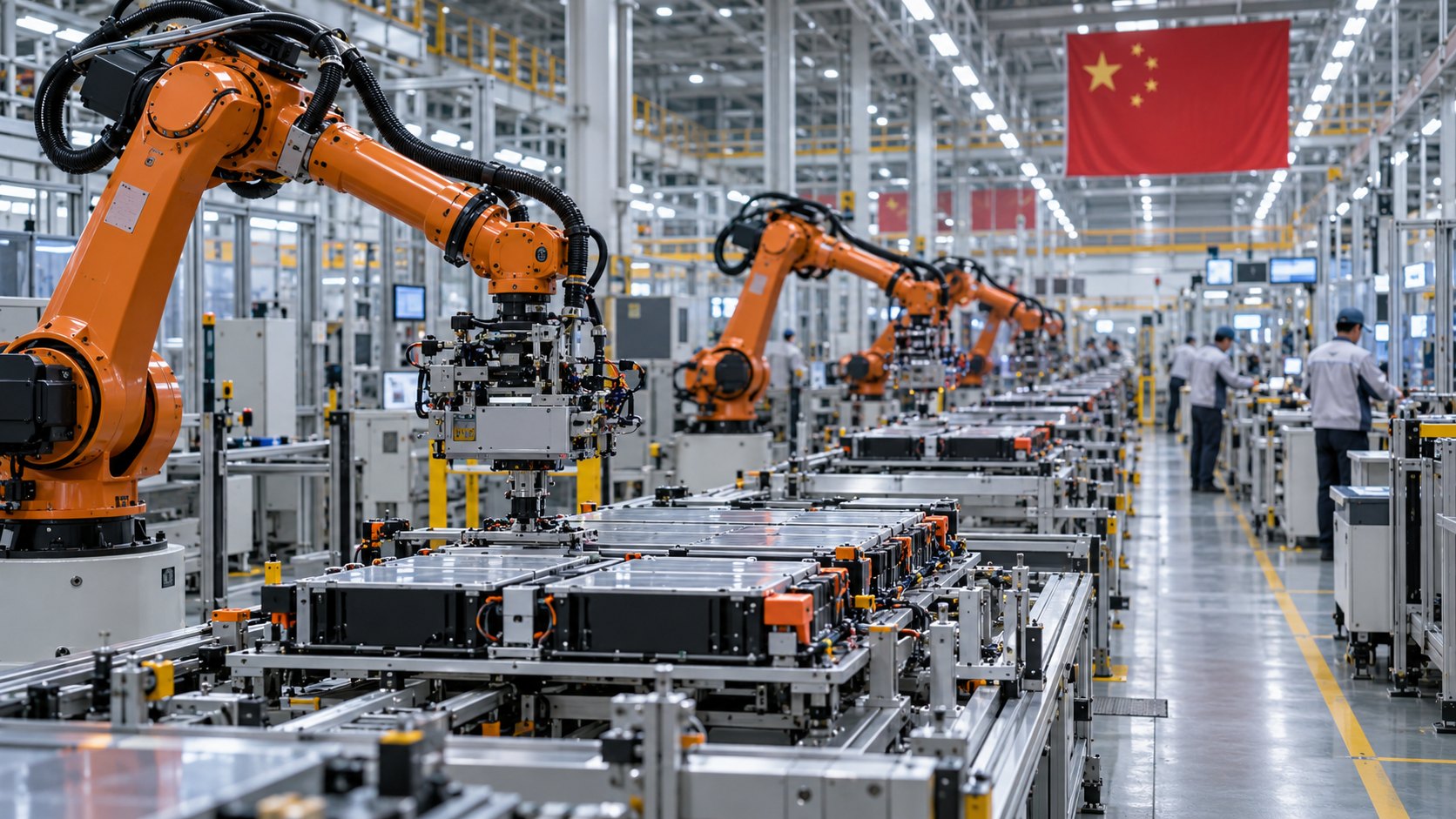 Ilustración editorial generada con IA: una línea de montaje automatizada en una fábrica china, con brazos robóticos industriales que ensamblan módulos de baterías y una bandera de la República Popular China colgada sobre la planta; composición conceptual, no es una fotografía de una fábrica real.