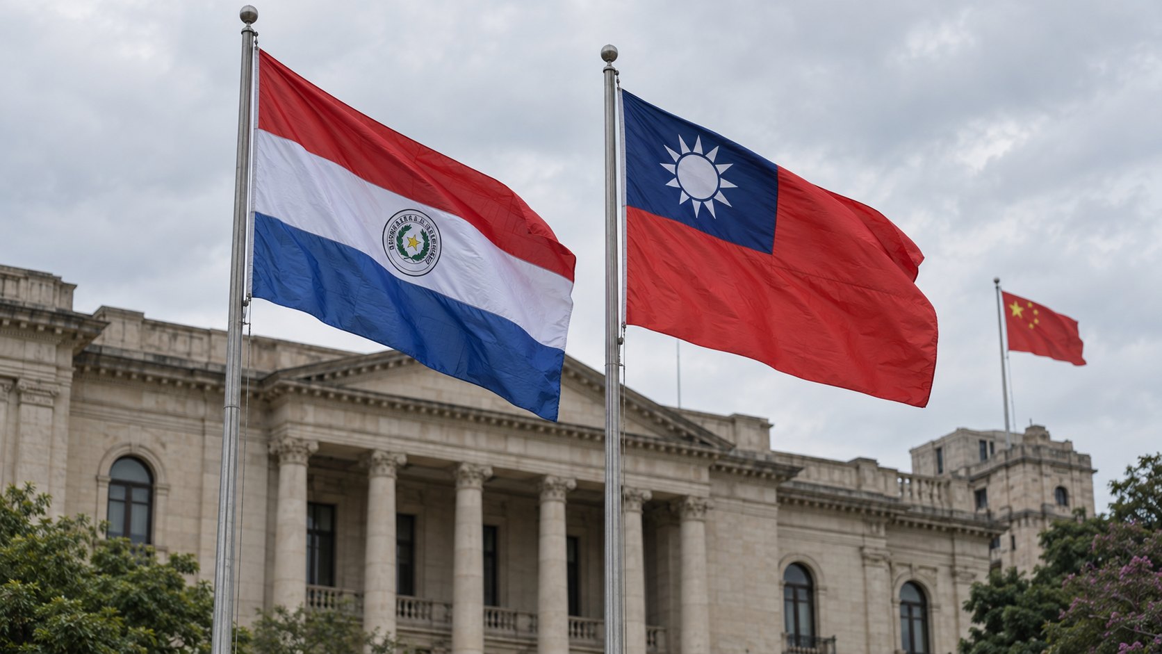 Ilustración editorial generada con IA: las banderas de Paraguay y de la República de China (Taiwán) en mástiles frente a un edificio gubernamental en Asunción, con la bandera de la República Popular China en segundo plano; composición conceptual, no es una fotografía del día.
