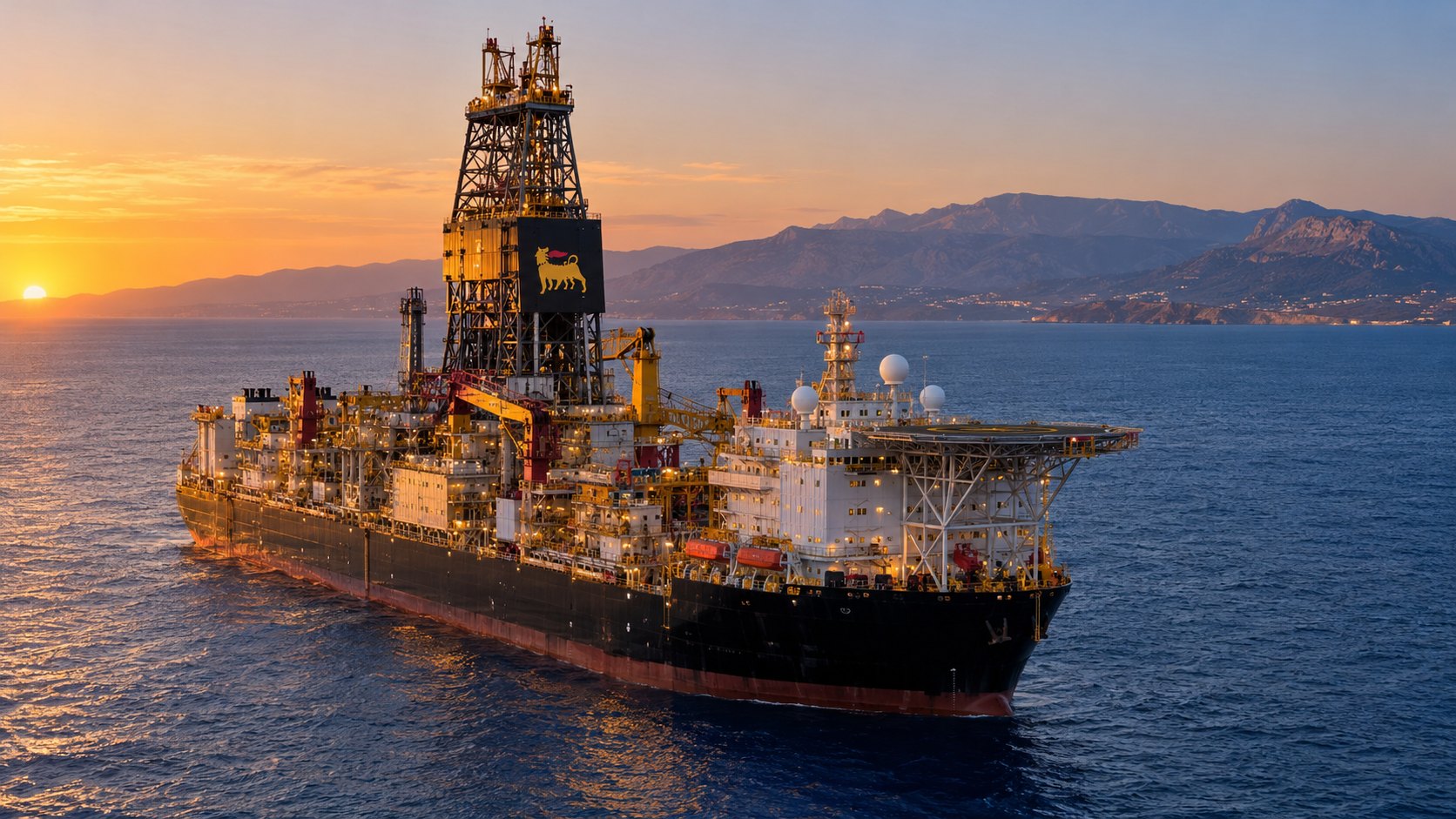 Ilustración editorial generada con IA: un buque de perforación offshore con el logo de Eni en aguas profundas del Mediterráneo oriental frente a la costa montañosa de Chipre, al atardecer; composición conceptual, no es una fotografía de una operación real.