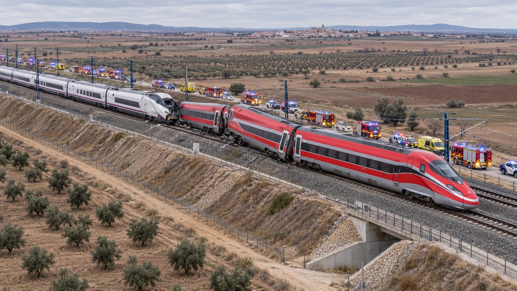 Ilustración editorial generada con IA: vista aérea de la vía de alta velocidad en la llanura manchega con un tren Iryo rojo detenido, sus últimos coches descarrilados sobre el terraplén y un AVE de Renfe dañado detrás, con vehículos de emergencia a distancia; composición conceptual, no es una fotografía del accidente.