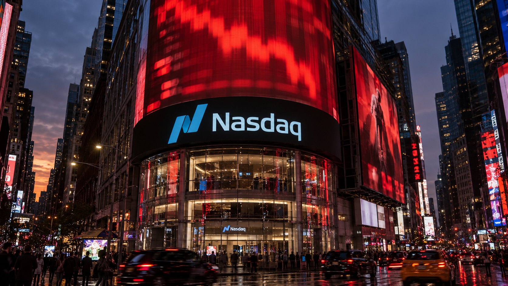 Ilustración editorial generada con IA: la torre del Nasdaq MarketSite en Times Square, Nueva York, al anochecer, con pantallas en rojo; composición conceptual, no es una fotografía de la jornada.