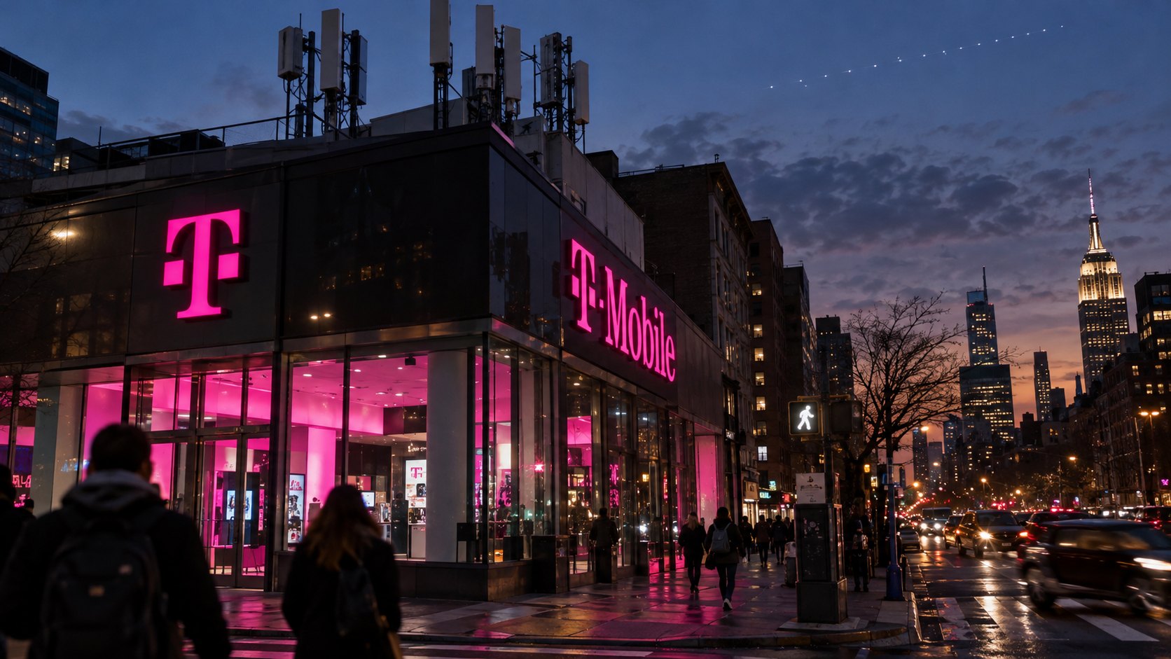 Ilustración editorial generada con IA: una tienda de T-Mobile en una esquina de Manhattan al anochecer, con una antena de telefonía en la azotea y una hilera de satélites Starlink en el cielo; composición conceptual, no es una fotografía de la jornada.