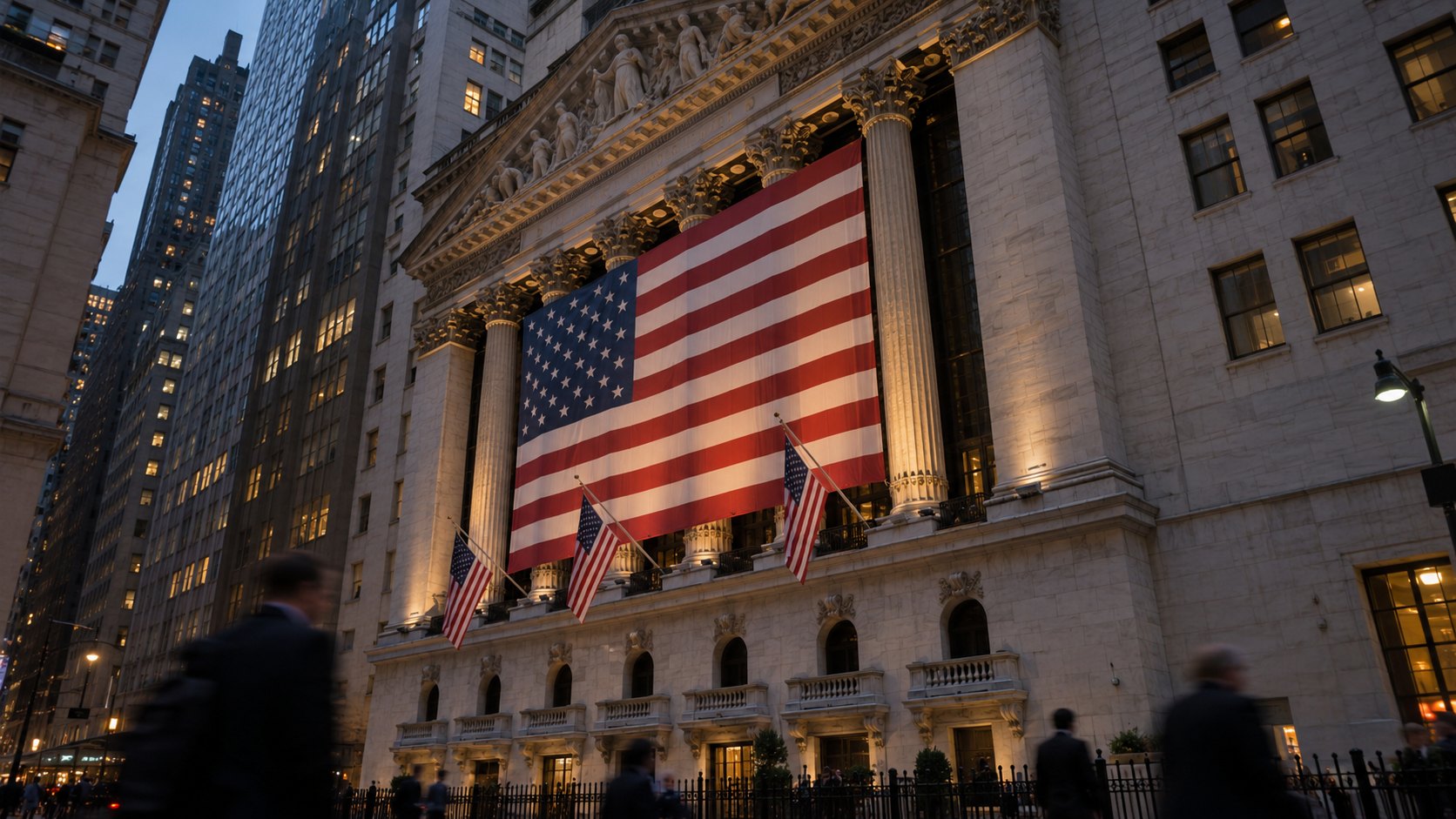 Ilustración editorial generada con IA: la fachada de la Bolsa de Nueva York en Wall Street al atardecer, con una gran bandera de Estados Unidos entre las columnas y peatones en movimiento; composición conceptual, no es una fotografía de la jornada.