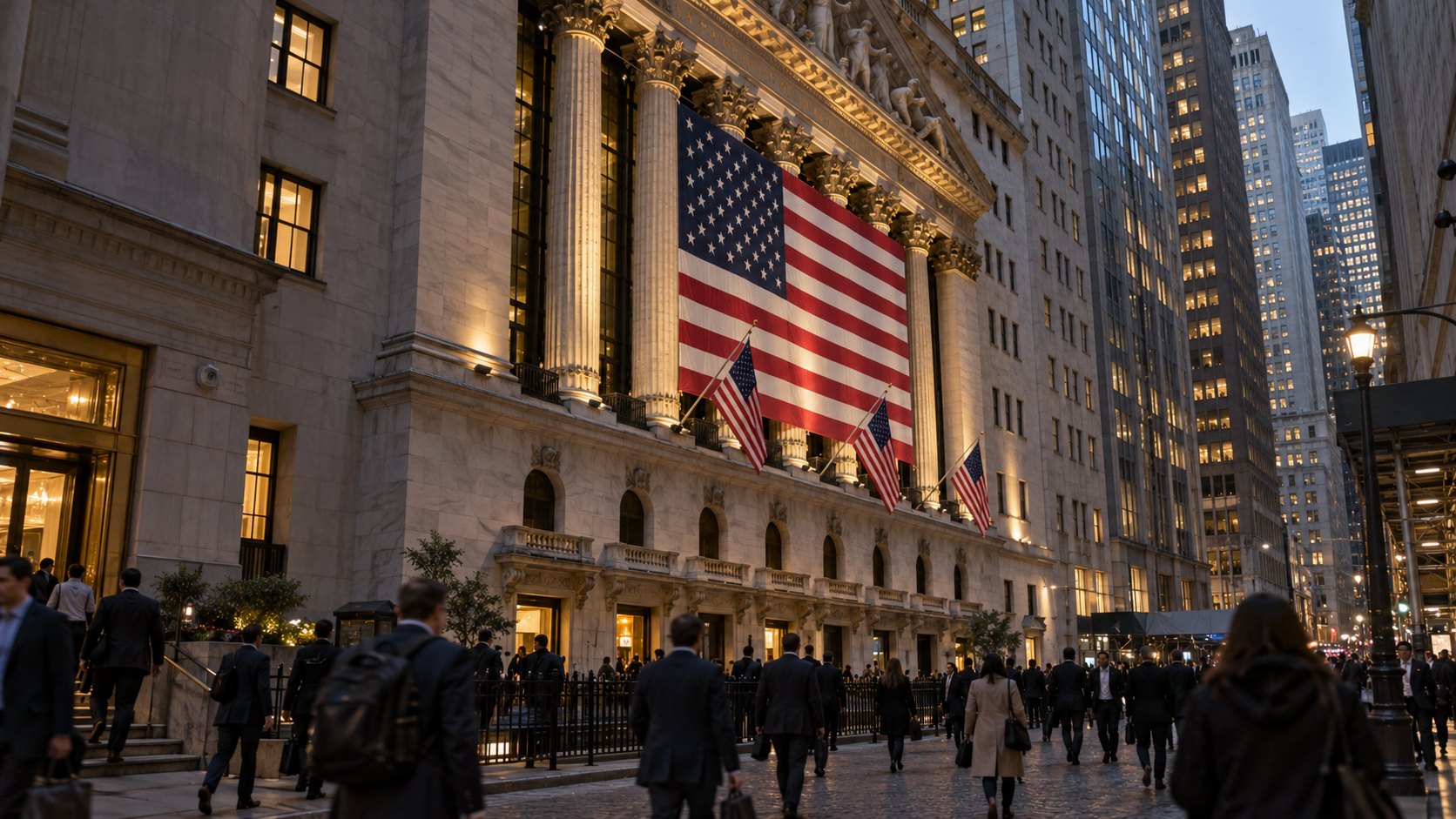 Ilustración editorial generada con IA: la fachada neoclásica de la Bolsa de Nueva York en Broad Street al atardecer, con una gran bandera de Estados Unidos entre las columnas y operadores saliendo a la calle; composición conceptual, no es una fotografía de la jornada del 13 de octubre.