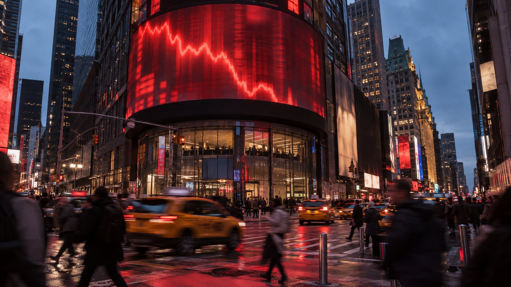 Ilustración editorial generada con IA: la fachada del Nasdaq MarketSite en Times Square; no es una fotografía de la jornada.