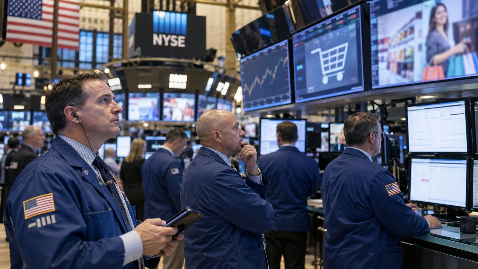 Ilustración editorial generada con IA: operadores con chaquetas azules en el piso de la Bolsa de Nueva York, con el cartel de la NYSE y una bandera de Estados Unidos al fondo y pantallas con gráficos y escenas de consumo; composición conceptual, no es una fotografía de la jornada del 15 de octubre.