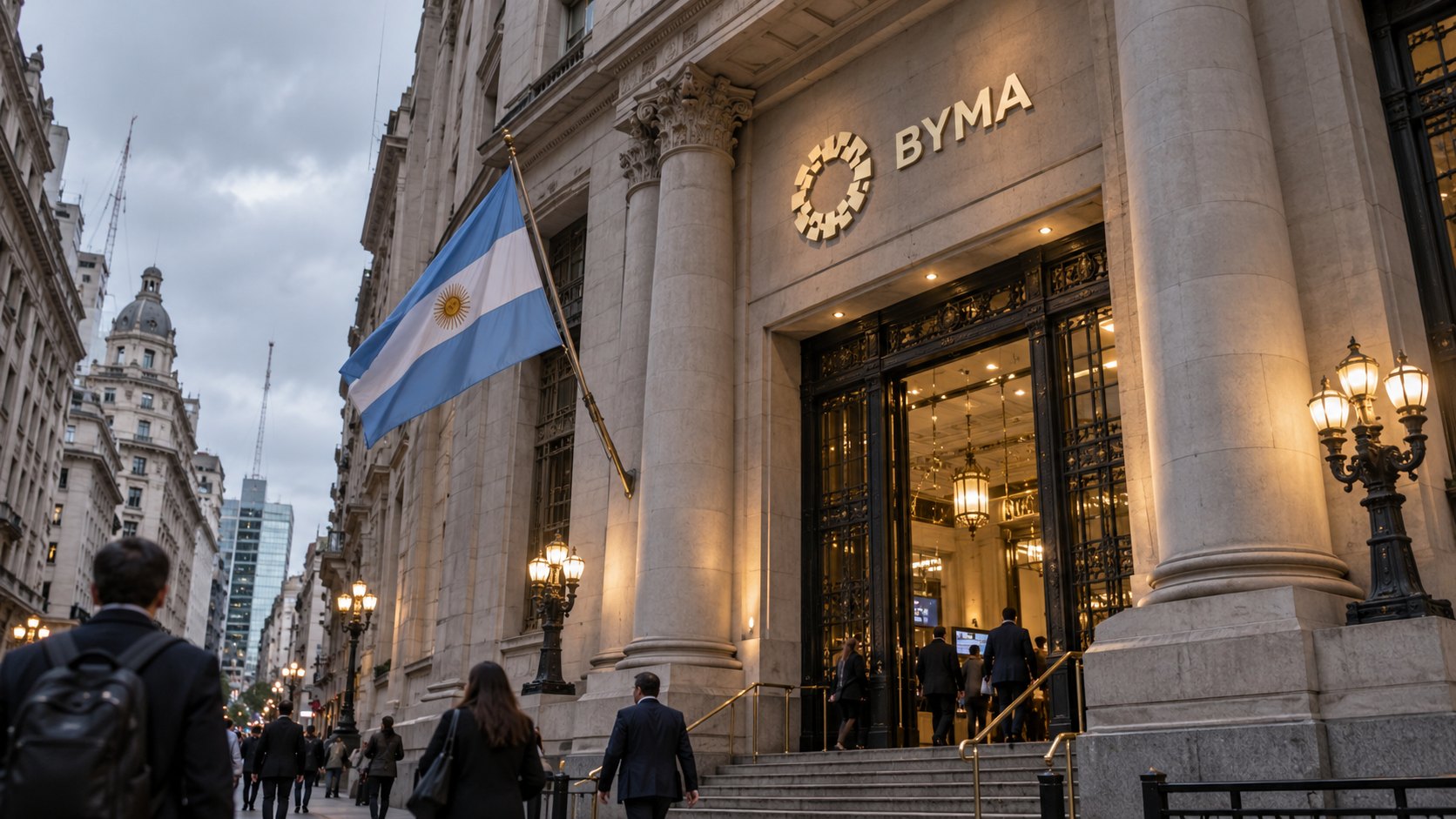 Ilustración editorial generada con IA: la fachada de piedra de un edificio bursátil del microcentro porteño con la marca BYMA sobre la entrada, una bandera argentina en el mástil y peatones en la vereda en una tarde nublada; composición conceptual, no es una fotografía de la jornada del 19 de octubre.