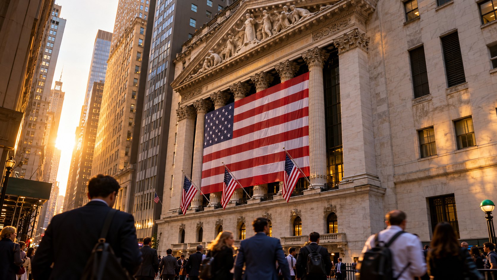 Ilustración editorial generada con IA: la fachada neoclásica de la Bolsa de Nueva York sobre Wall Street al atardecer, con una gran bandera de Estados Unidos entre las columnas y peatones con traje en la vereda; composición conceptual, no es una fotografía de la jornada del 20 de octubre.