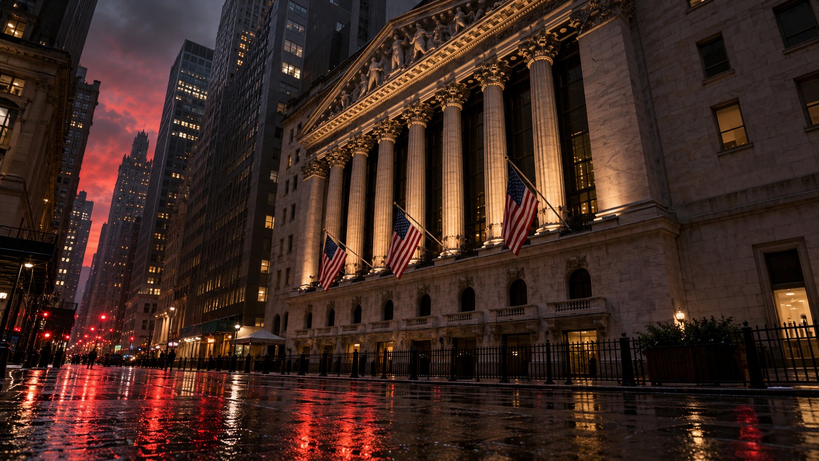 Ilustración editorial generada con IA: la fachada neoclásica de la Bolsa de Nueva York en Wall Street al anochecer, con banderas de Estados Unidos y el reflejo rojizo de pantallas en la calle mojada; composición conceptual, no es una fotografía de la jornada del 22 de octubre.