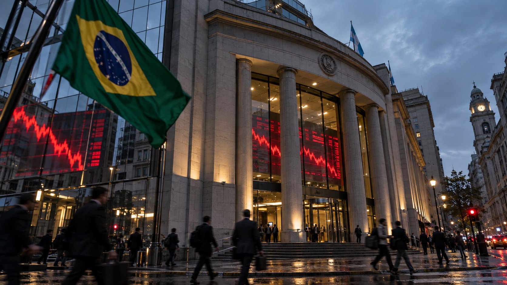 Ilustración editorial generada con IA: la fachada de una bolsa de columnas en el microcentro porteño al anochecer, con una bandera de Brasil en primer plano, una bandera argentina en lo alto y pantallas de cotizaciones en rojo; composición conceptual, no es una fotografía de la jornada del 26 de octubre.