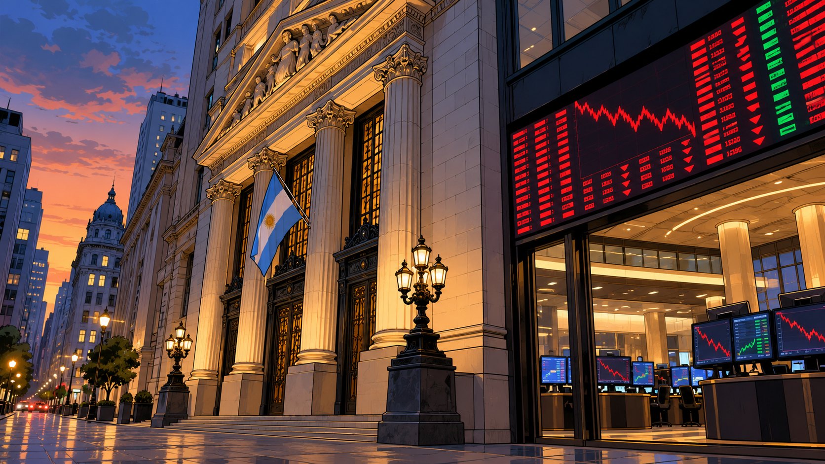 Ilustración editorial generada con IA: el edificio de la Bolsa de Comercio de Buenos Aires en el microcentro porteño al atardecer, con una bandera argentina en la fachada y pantallas de cotizaciones mayormente en rojo; composición conceptual, no es una fotografía de la jornada del 27 de octubre.