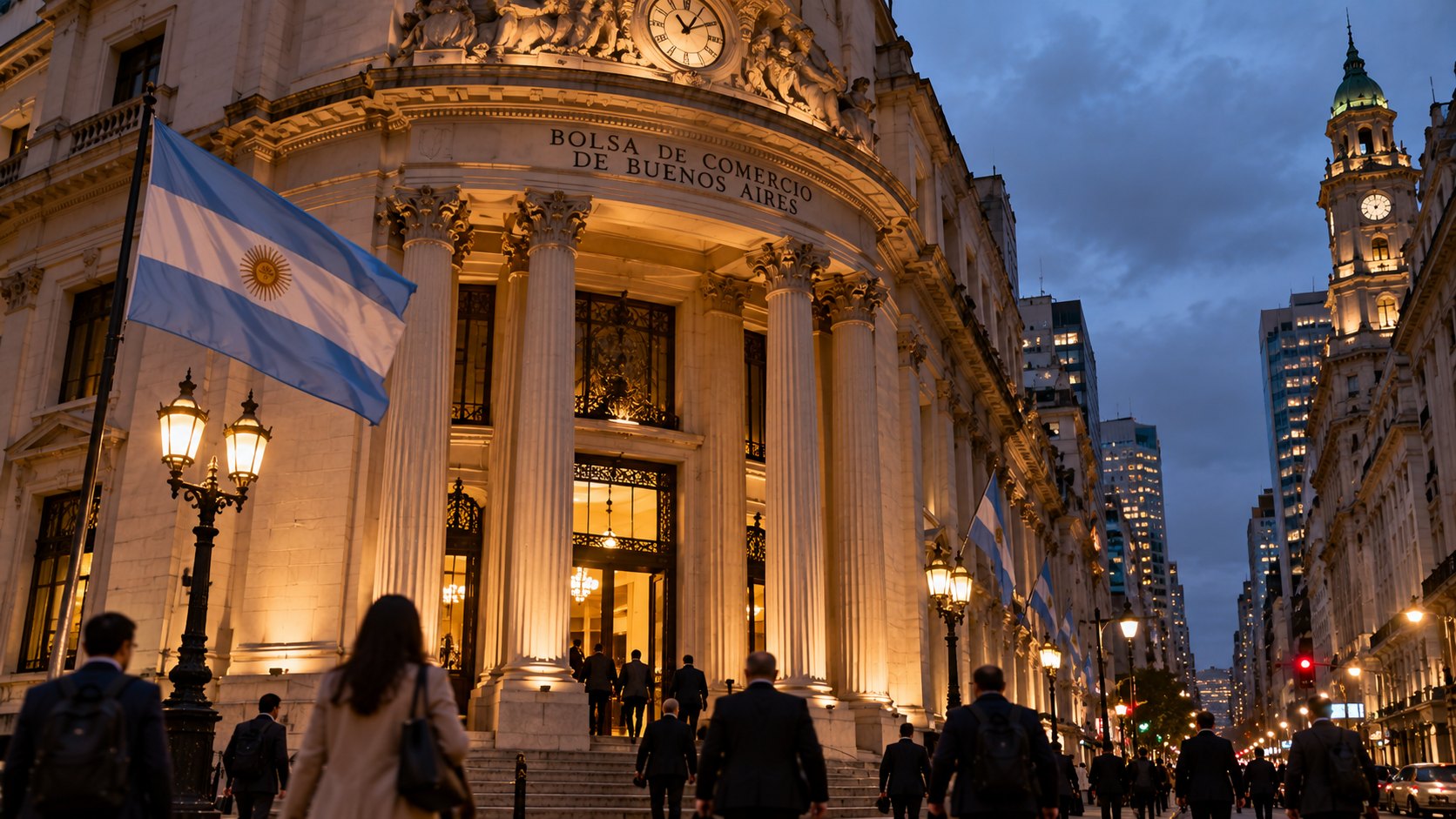 Ilustración editorial generada con IA: la fachada de la Bolsa de Comercio de Buenos Aires en el microcentro porteño al anochecer, con una bandera argentina; composición conceptual, no es una fotografía de la jornada del 28 de octubre.