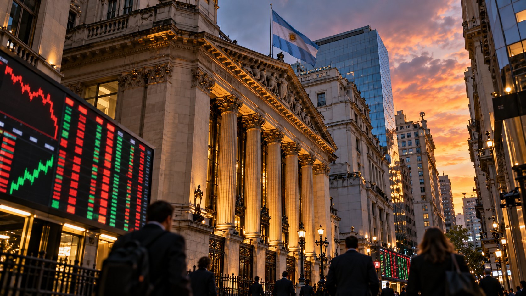 Ilustración editorial generada con IA: la fachada de la Bolsa de Comercio de Buenos Aires en el microcentro porteño al atardecer, con una bandera argentina en lo alto y pantallas de cotizaciones sin cifras legibles; composición conceptual, no es una fotografía de la jornada del 29 de octubre.