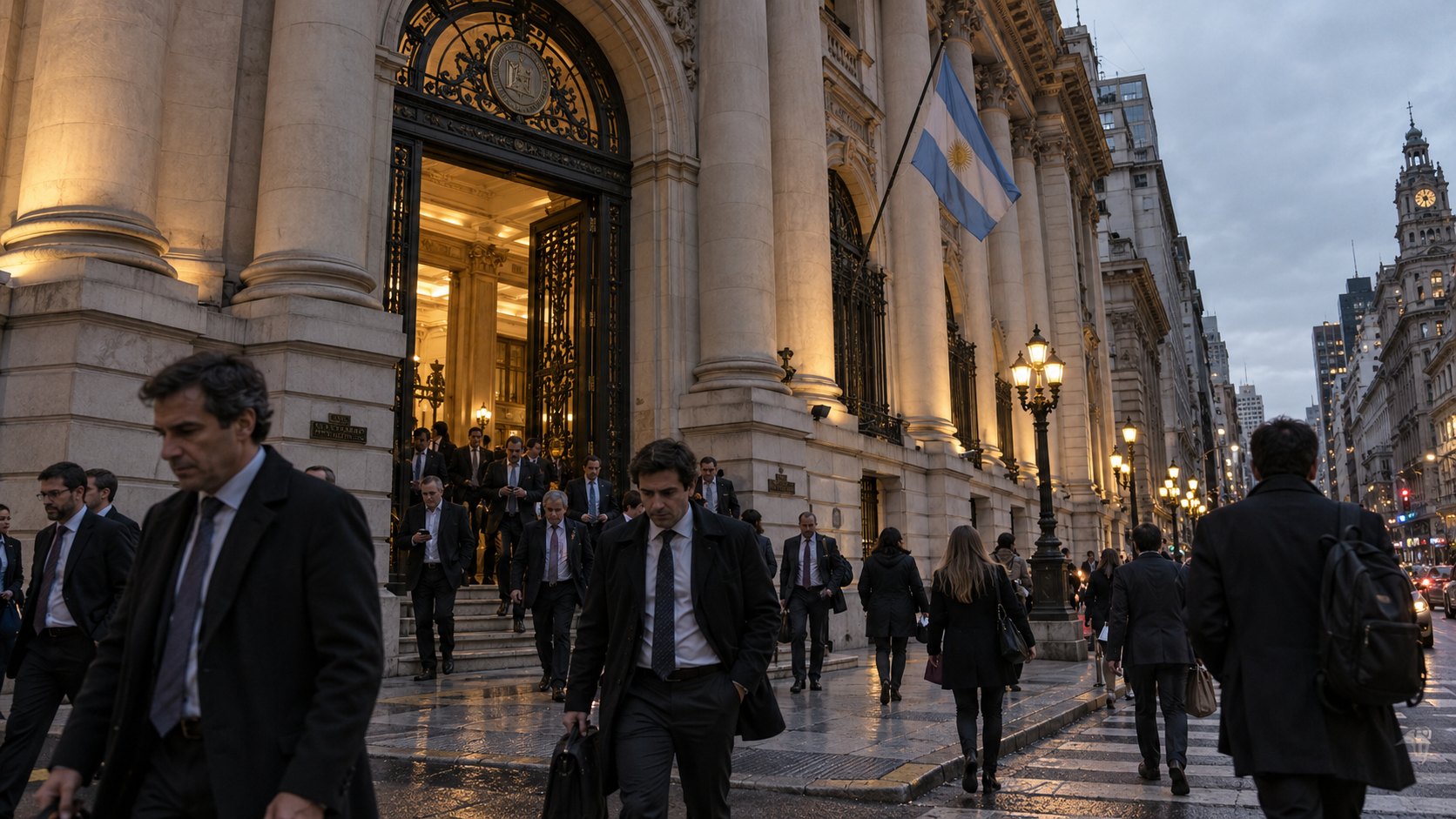 Ilustración editorial generada con IA: la fachada de la Bolsa de Comercio de Buenos Aires en la City porteña al atardecer de un viernes, con operadores y peatones saliendo del edificio; composición conceptual, no es una fotografía de la jornada del 30 de octubre.