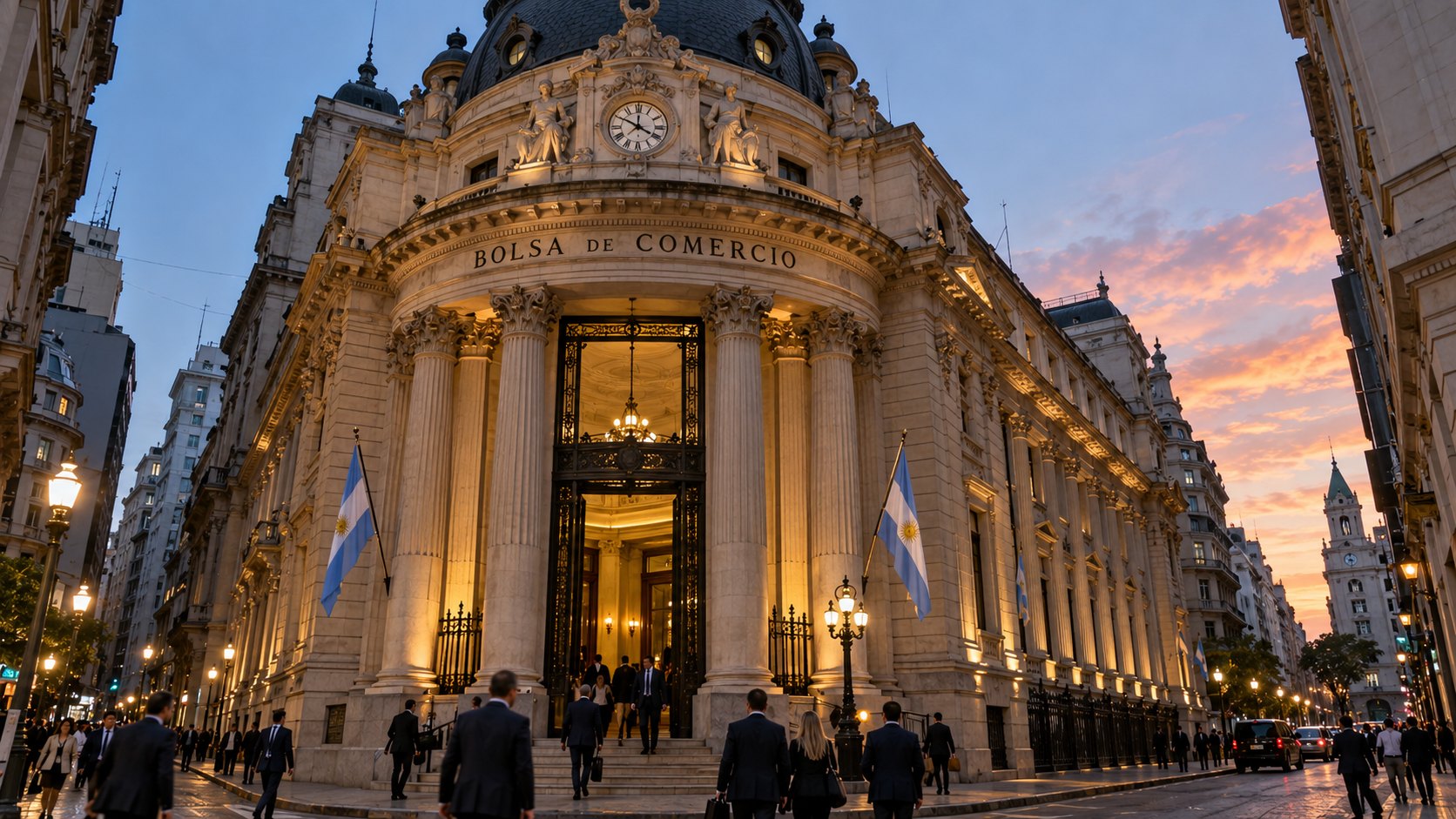 Ilustración editorial generada con IA: la fachada histórica de la Bolsa de Comercio de Buenos Aires, iluminada al atardecer en el microcentro porteño, con peatones en la vereda; composición conceptual, no es una fotografía de la jornada real.