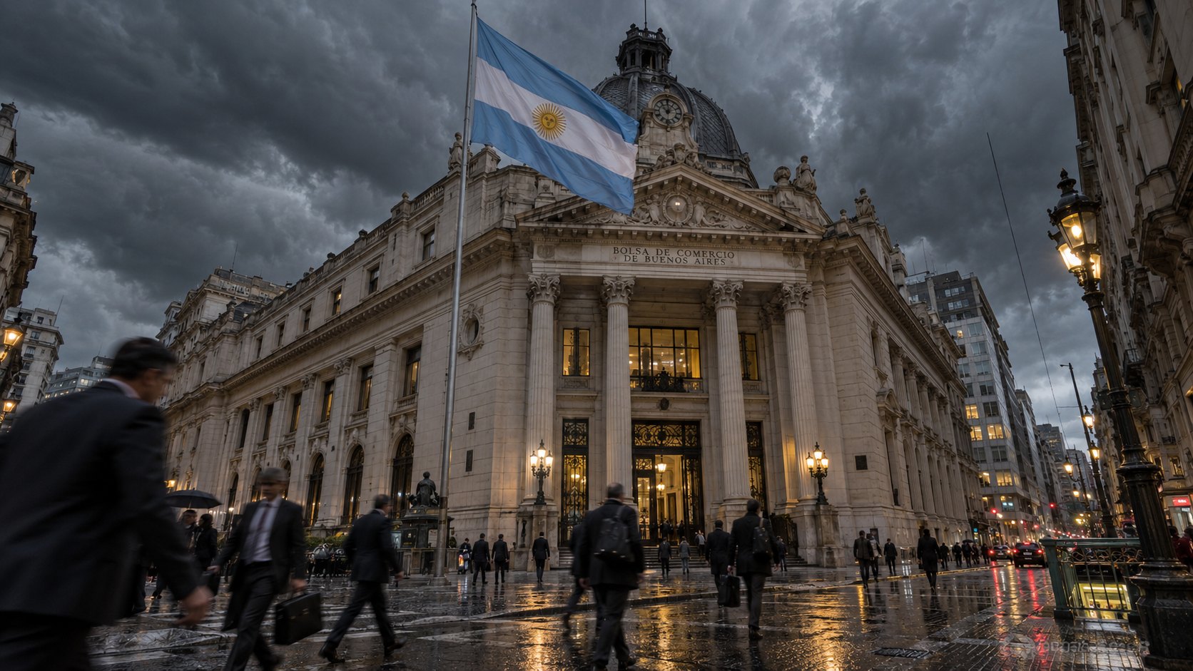 Ilustración editorial generada con IA: fachada de la Bolsa de Comercio de Buenos Aires con una bandera argentina bajo un cielo de tormenta y peatones apurados en la vereda mojada; no es una fotografía de la jornada.