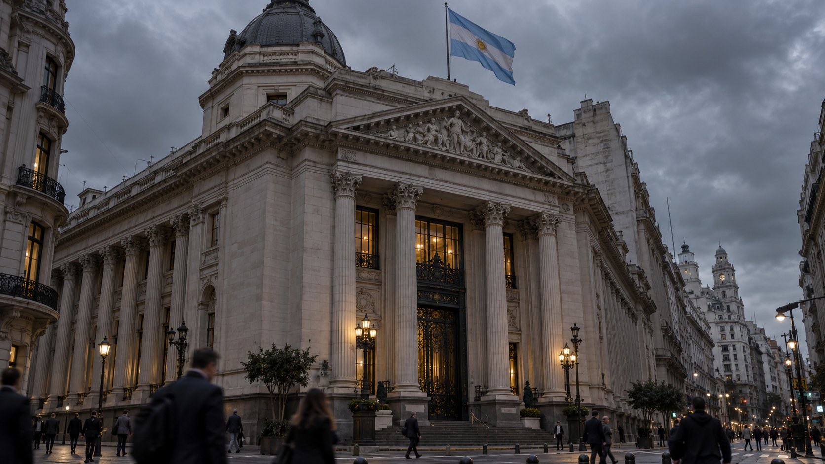 Ilustración editorial generada con IA: fachada de la Bolsa de Comercio de Buenos Aires con una bandera argentina en lo alto, bajo un cielo nublado de atardecer, y peatones que pasan por la vereda; no es una fotografía de la jornada.