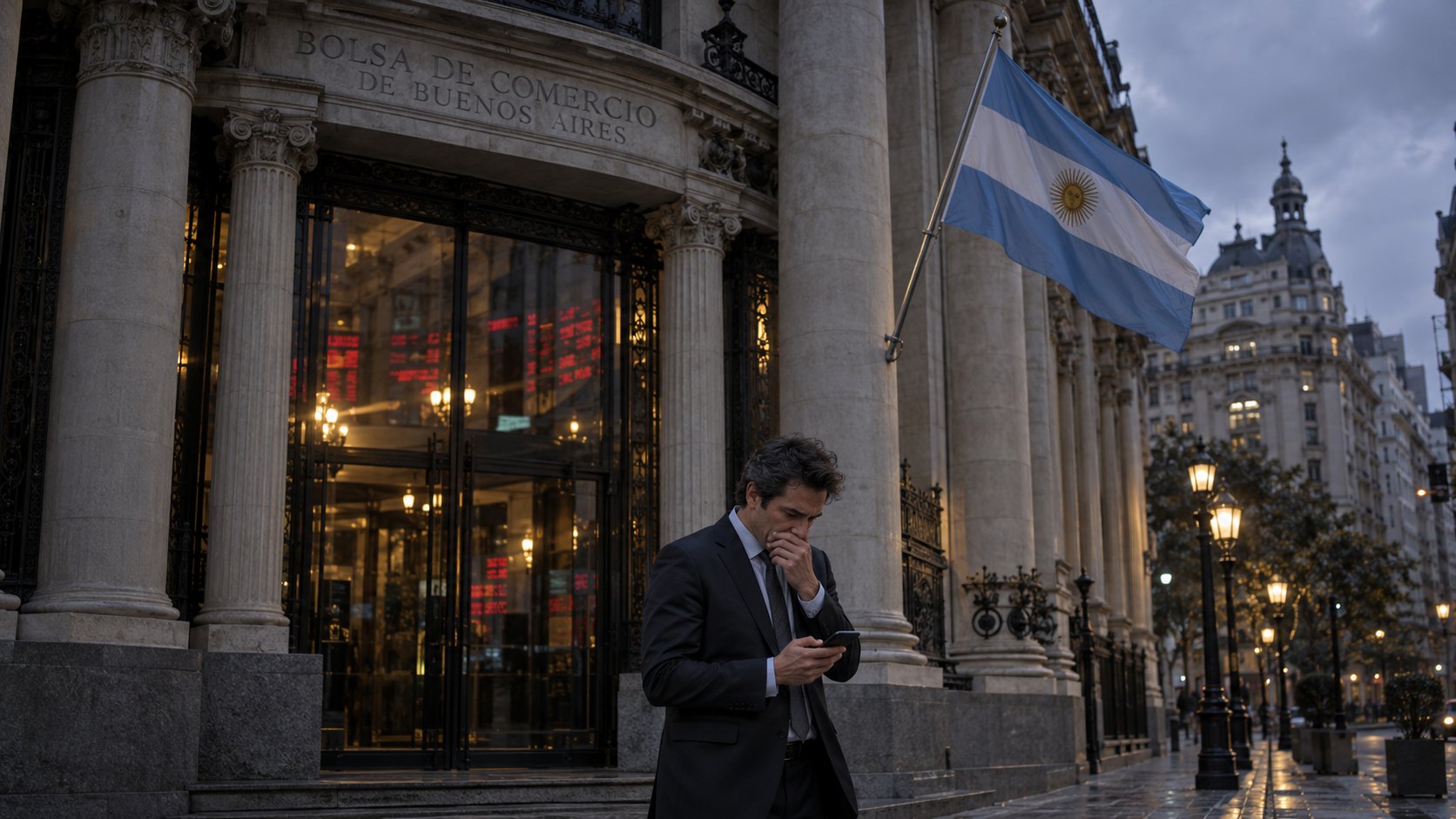 Ilustración editorial generada con IA: la fachada de piedra de la Bolsa de Comercio de Buenos Aires al atardecer, con una bandera argentina y un ejecutivo que mira su teléfono frente a la entrada iluminada con reflejos rojos de pantallas; composición conceptual, no es una fotografía de la jornada.