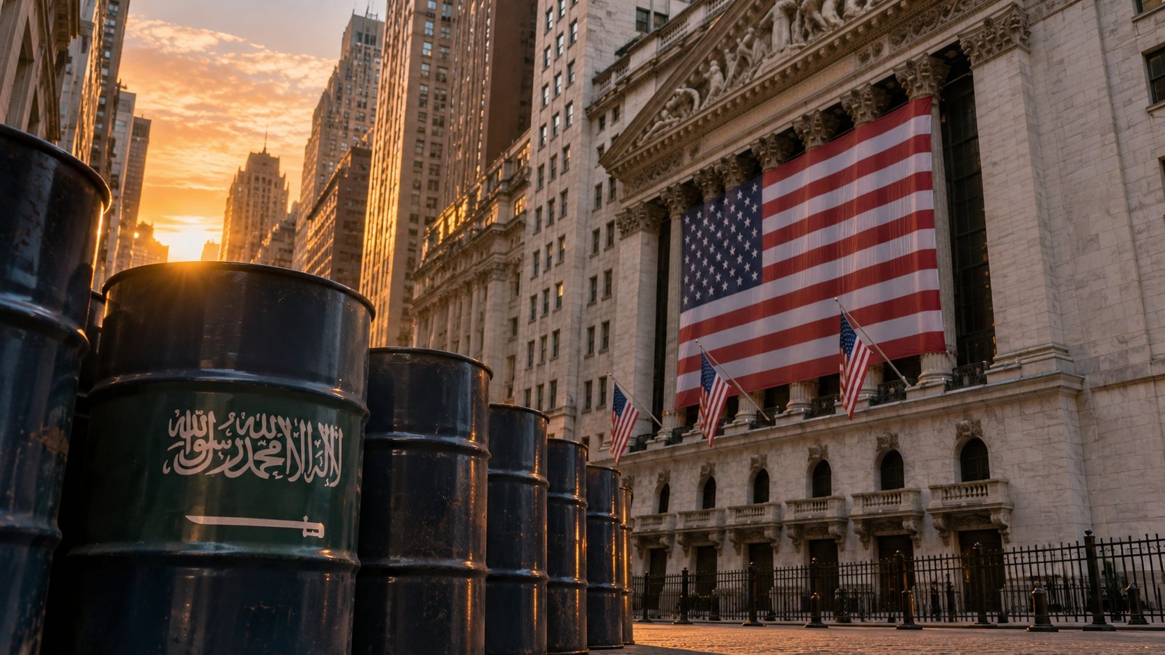 Ilustración editorial generada con IA: fachada de la Bolsa de Nueva York con la bandera de Estados Unidos y, en primer plano, barriles de petróleo, uno con la bandera de Arabia Saudita; no es una fotografía de la jornada.