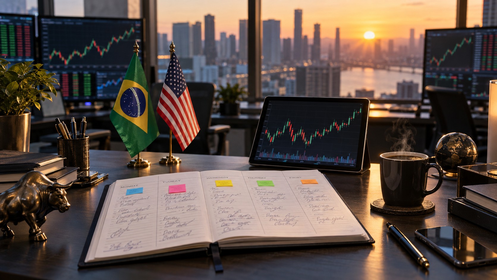 Ilustración editorial generada con IA: sobre el escritorio de una mesa de operaciones al amanecer, una agenda semanal de papel abierta con marcadores de colores, banderines de mesa de Brasil y de Estados Unidos, una taza de café y una tablet con un gráfico de velas, con monitores desenfocados al fondo; composición conceptual, no es una fotografía real.