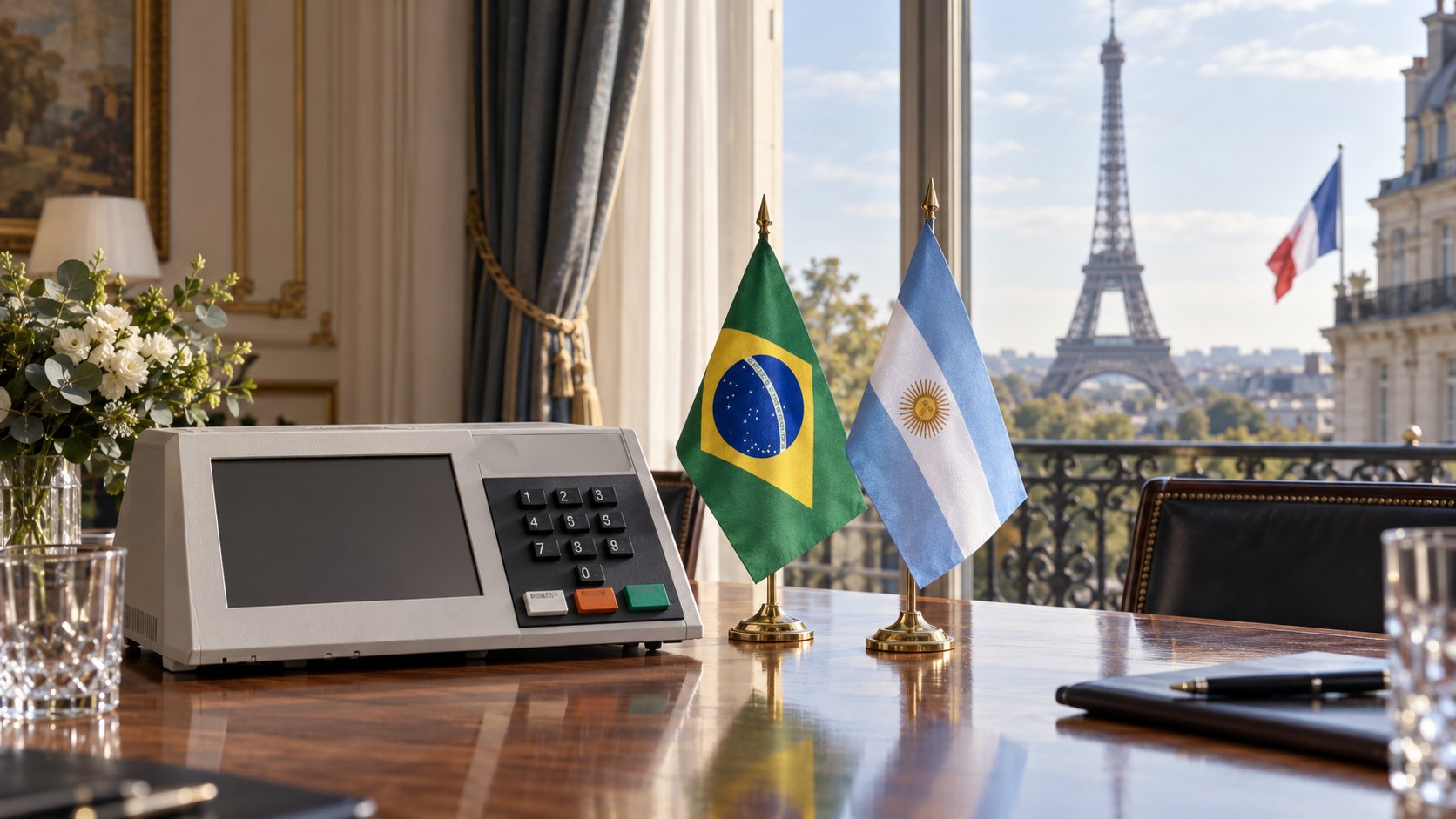 Ilustración editorial generada con IA: una urna electrónica brasileña y banderas de mesa de Brasil y la Argentina sobre una mesa de reuniones en un salón de París, con la Torre Eiffel y una bandera de Francia detrás del ventanal; composición conceptual, no es una fotografía real.