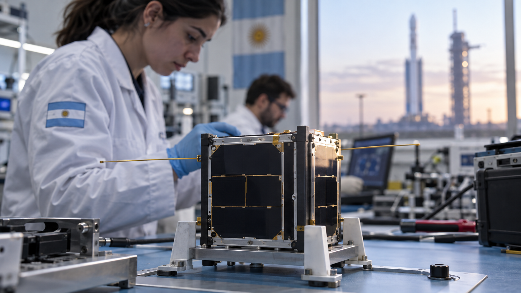 Ilustración editorial generada con IA: un nanosatélite CubeSat sobre un banco de integración en un laboratorio argentino; no representa el ETNS real ni un lanzamiento ocurrido.