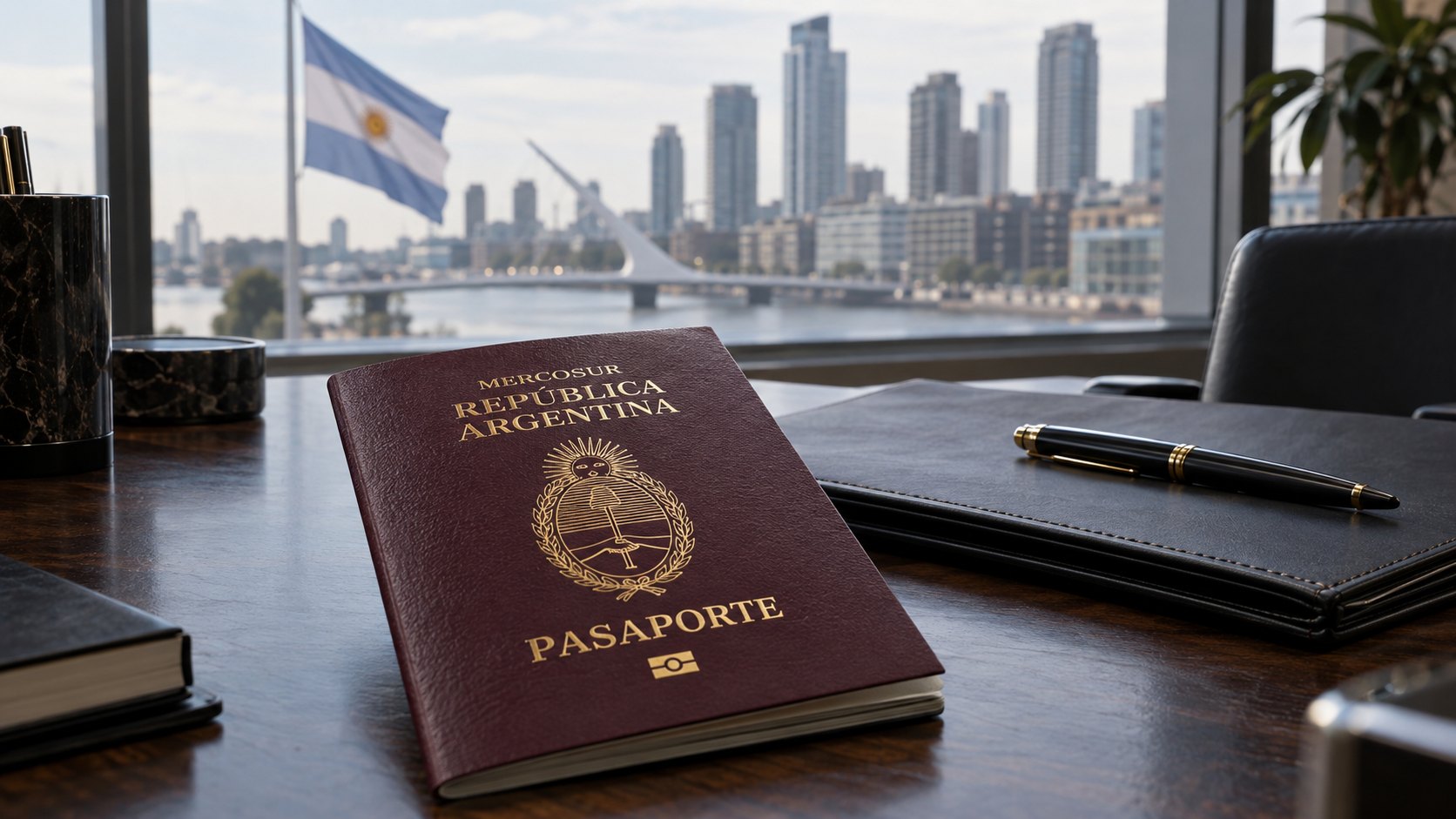 Ilustración editorial generada con IA: un pasaporte argentino sobre un escritorio de madera junto a una carpeta y una lapicera, con una bandera argentina y edificios de Puerto Madero desenfocados detrás de un ventanal; composición conceptual, no es una fotografía documental.