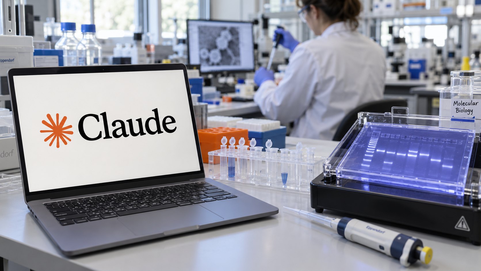 Ilustración editorial generada con IA: una laptop con la marca de Claude sobre la mesada de un laboratorio de biología molecular, junto a un gel de electroforesis de ADN y tubos de muestras; no es una fotografía del laboratorio de Anthropic.