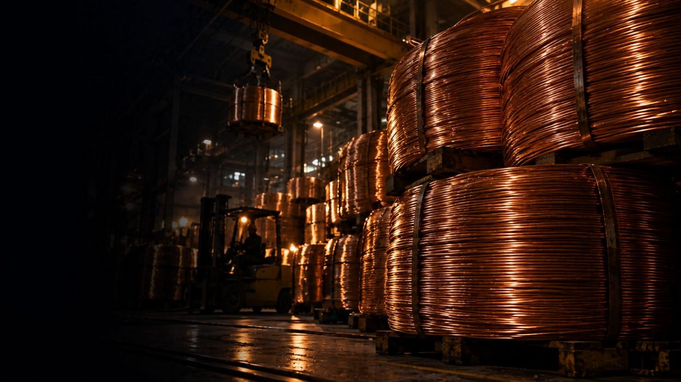Rollos de cobre apilados en una planta industrial, iluminados con luz cálida
