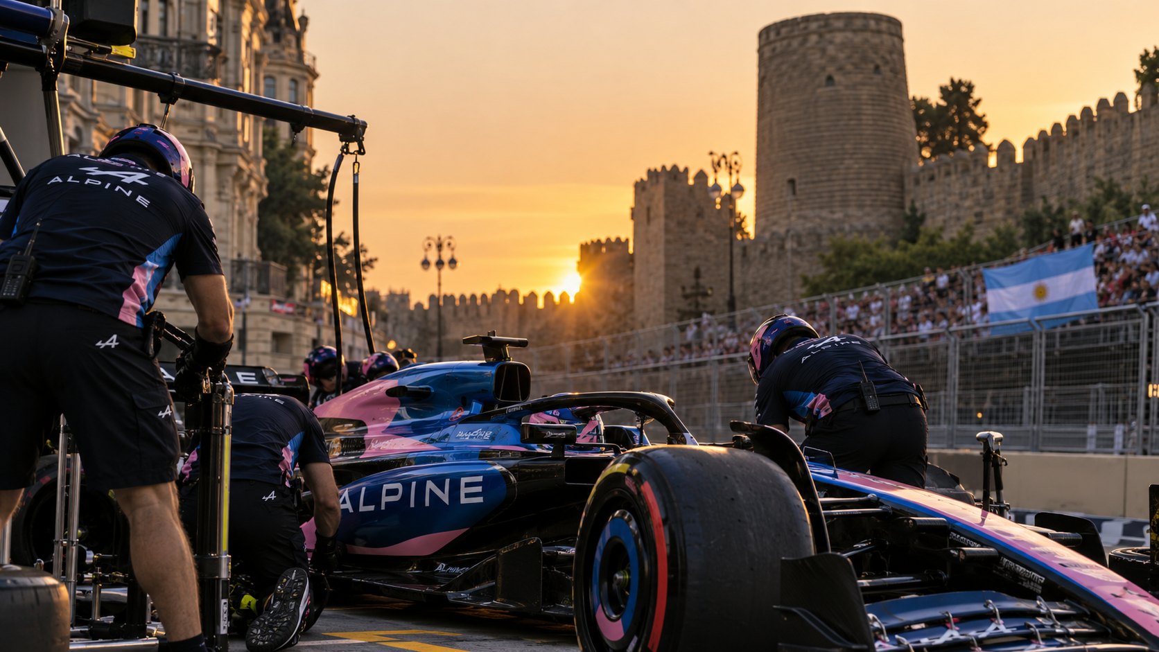Ilustración editorial generada con IA: mecánicos de Alpine trabajan sobre un monoplaza rosa y azul en el pit lane de Bakú, con la Torre de la Doncella y las murallas de la Ciudad Vieja al atardecer y una bandera argentina en la tribuna; no es una fotografía del Gran Premio.
