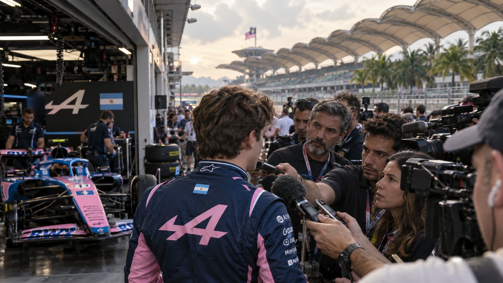 Ilustración editorial generada con IA: un piloto con el buzo azul y rosa de Alpine, de espaldas, rodeado de periodistas con micrófonos y grabadores en el paddock del circuito de Sepang, con el auto de Alpine en el garaje y una bandera argentina en el buzo; composición conceptual, no es una fotografía documental.