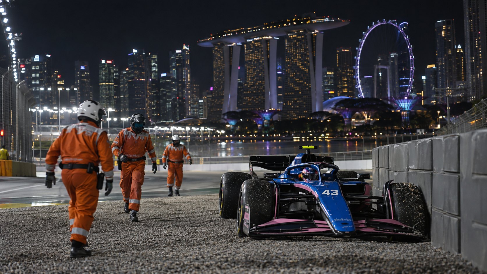 Ilustración editorial generada con IA: un Alpine de Fórmula 1 azul y rosa con el número 43 detenido de noche en una vía de escape del circuito callejero de Marina Bay, con comisarios de pista de naranja acercándose y los rascacielos de Singapur iluminados al fondo; no es una fotografía del abandono de Colapinto.
