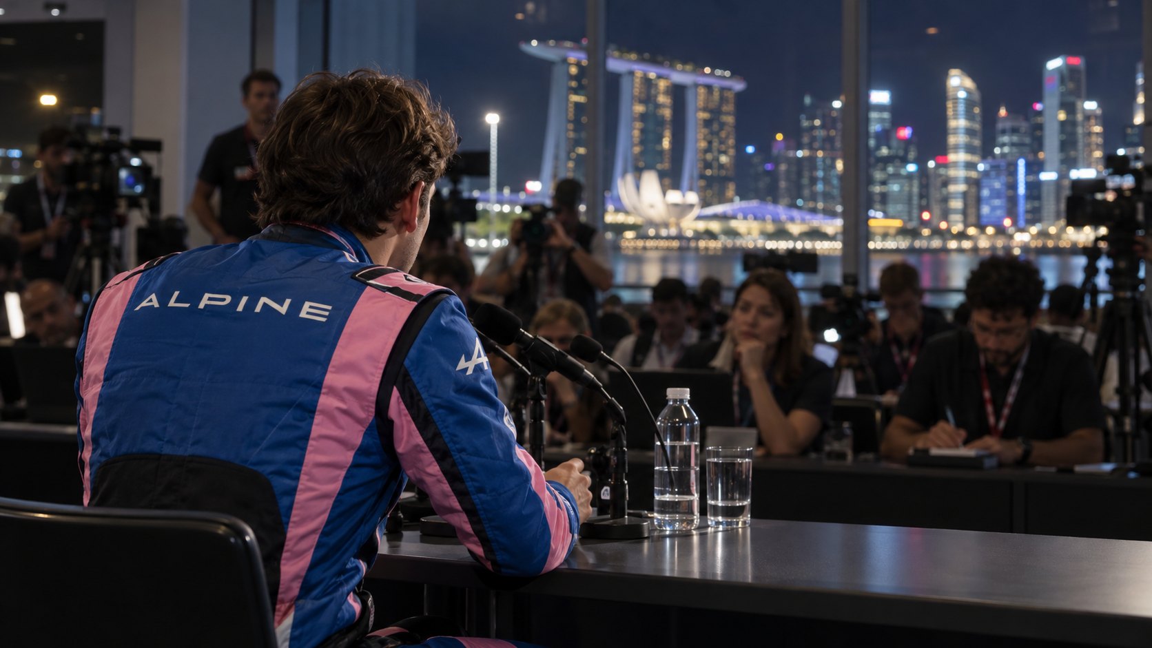 Ilustración editorial generada con IA: un piloto con el buzo azul y rosa de Alpine, de espaldas, frente a los micrófonos de una sala de conferencias de prensa con periodistas y cámaras, y por la ventana el Marina Bay Sands y los rascacielos de Singapur de noche; composición conceptual, no es una fotografía de la conferencia.
