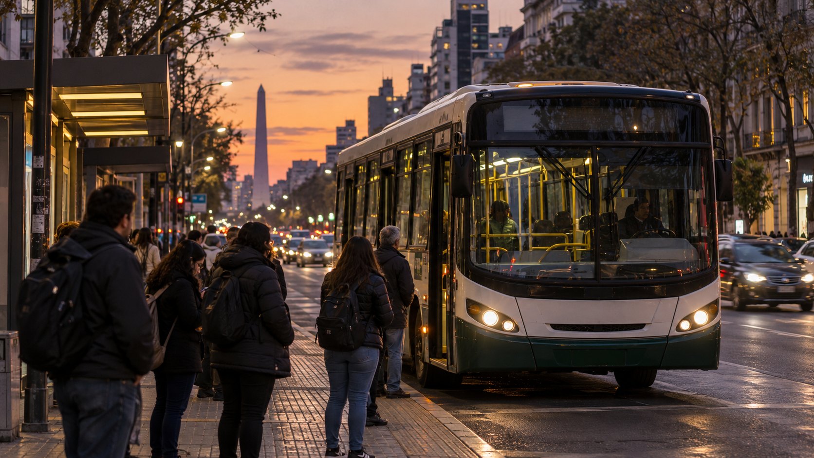 Ilustración editorial generada con IA: pasajeros esperan en una parada mientras un colectivo urbano se detiene en una avenida de Buenos Aires al atardecer, con el Obelisco al fondo; composición conceptual, no es una fotografía de una línea ni de un servicio reales.