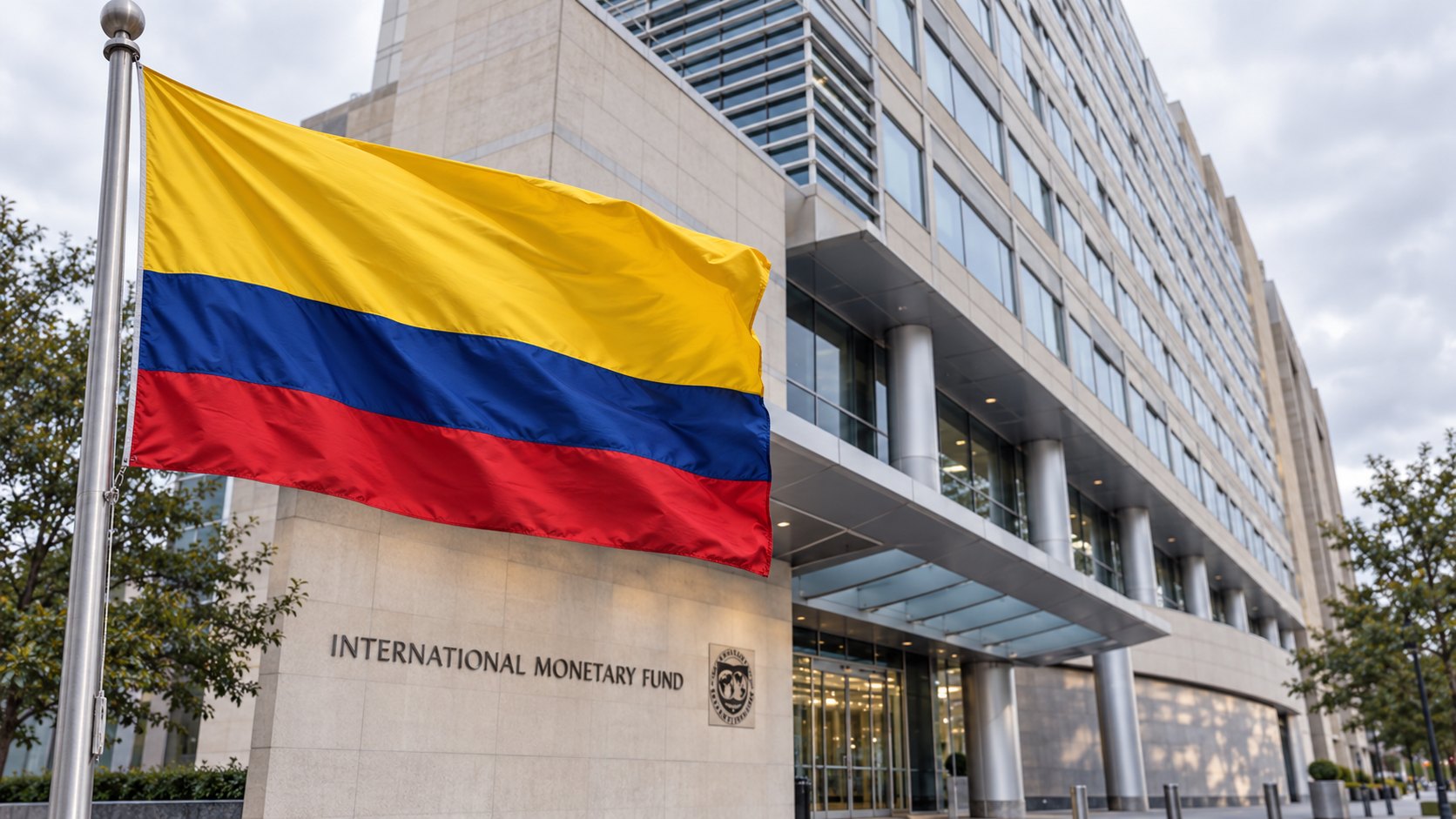 Ilustración editorial generada con IA: una bandera de Colombia ondea frente a la sede del Fondo Monetario Internacional en Washington; composición conceptual, no es una fotografía de una reunión ni de un acuerdo.