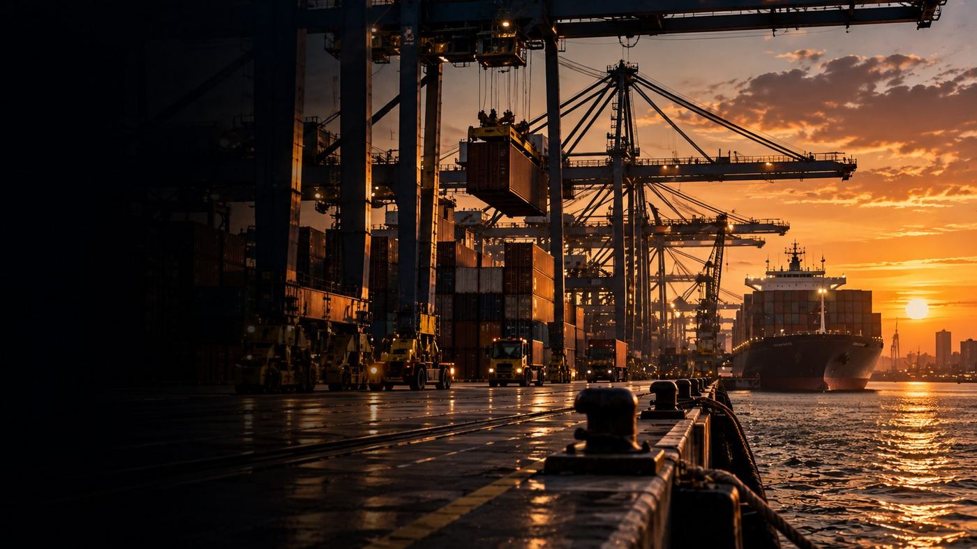 Grúas portuarias y contenedores de carga en un puerto comercial al atardecer