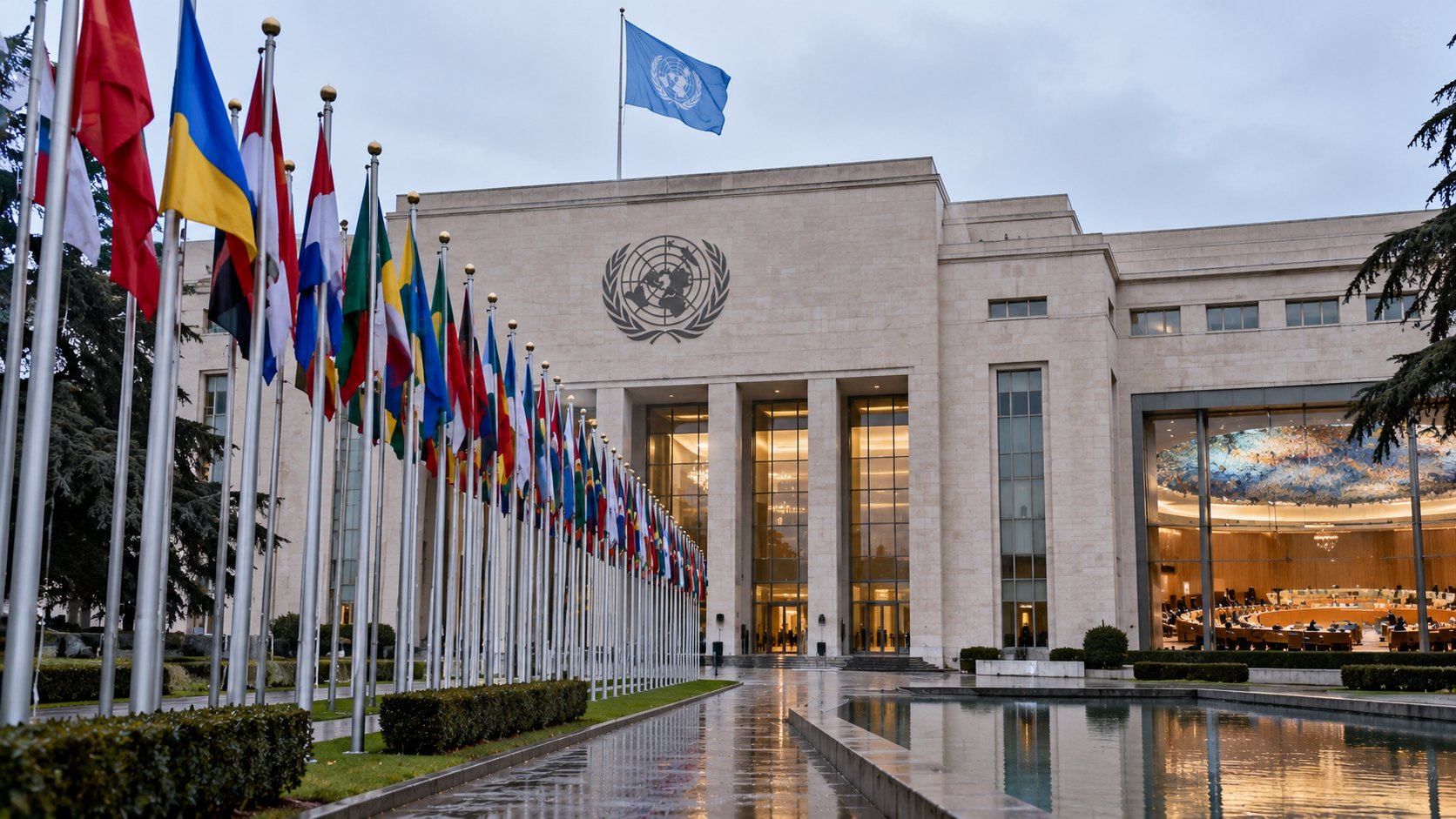 Ilustración editorial generada con IA: el Palais des Nations de la ONU en Ginebra con la fila de banderas de los Estados miembros en una mañana gris de otoño; composición representativa, no es una fotografía del día del informe.