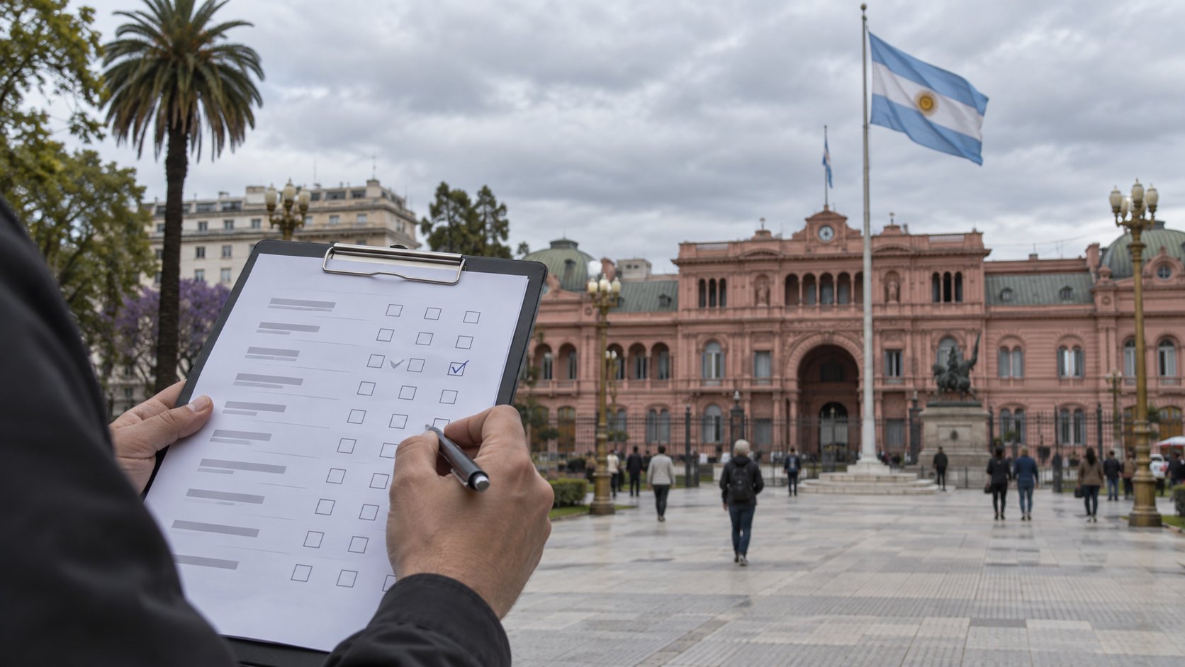 Ilustración editorial generada con IA: una mano completa un cuestionario de encuesta frente a la Casa Rosada