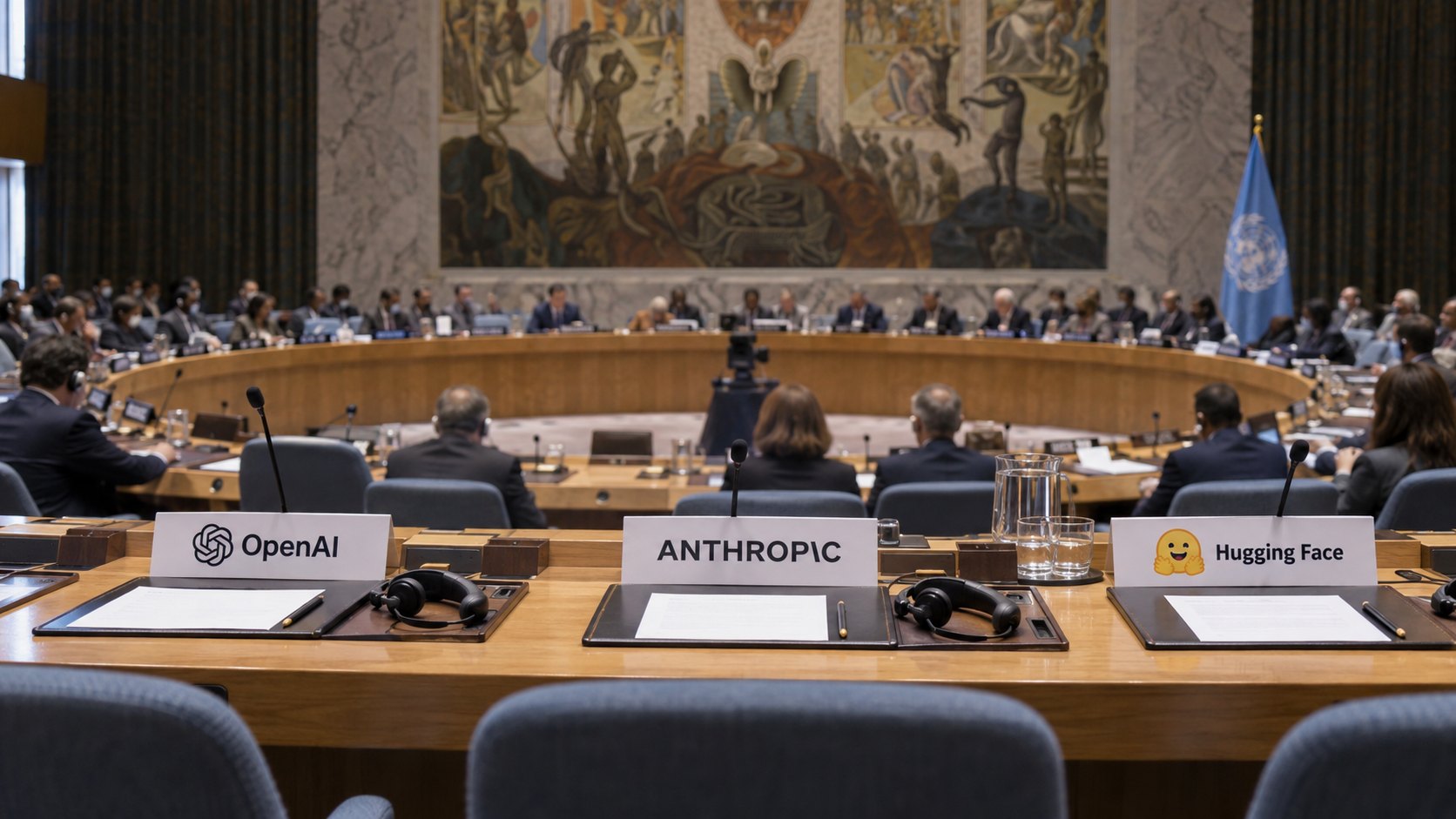 Ilustración editorial generada con IA: placas de identificación con las marcas de OpenAI, Anthropic y Hugging Face sobre la mesa en herradura de la sala del Consejo de Seguridad de la ONU; no es una fotografía de la sesión.