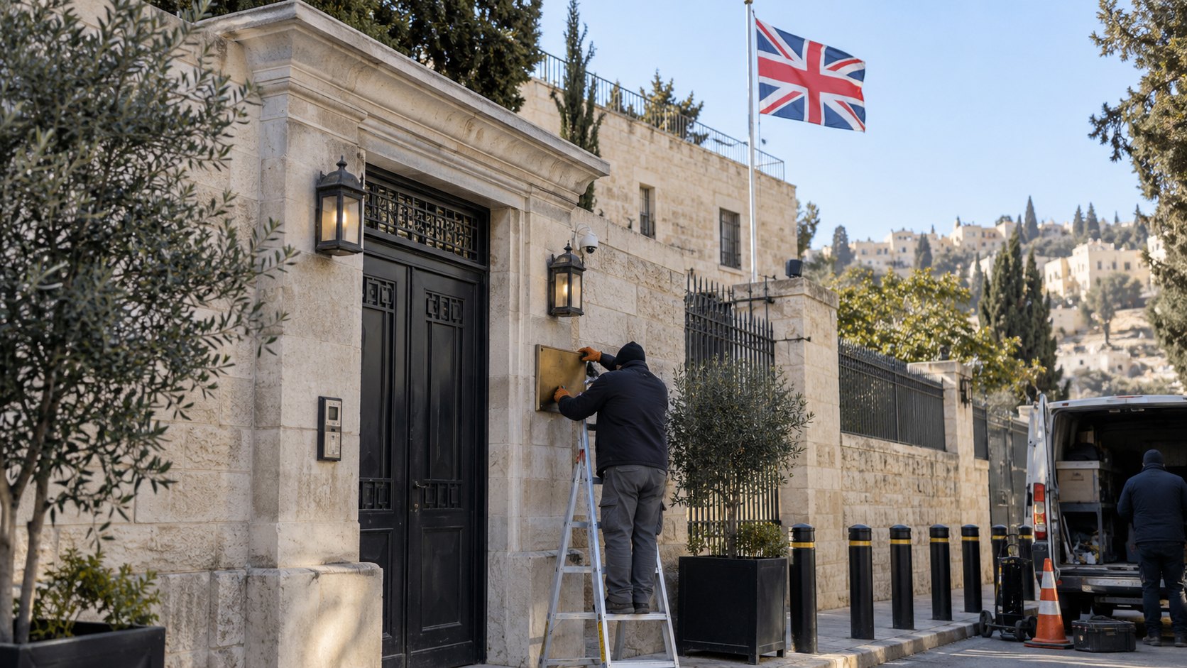 Ilustración editorial generada con IA: fachada de piedra clara de una sede diplomática en Jerusalén Este, con la bandera del Reino Unido izada y un operario que retira una placa junto a la entrada; composición conceptual, no es una fotografía del hecho.