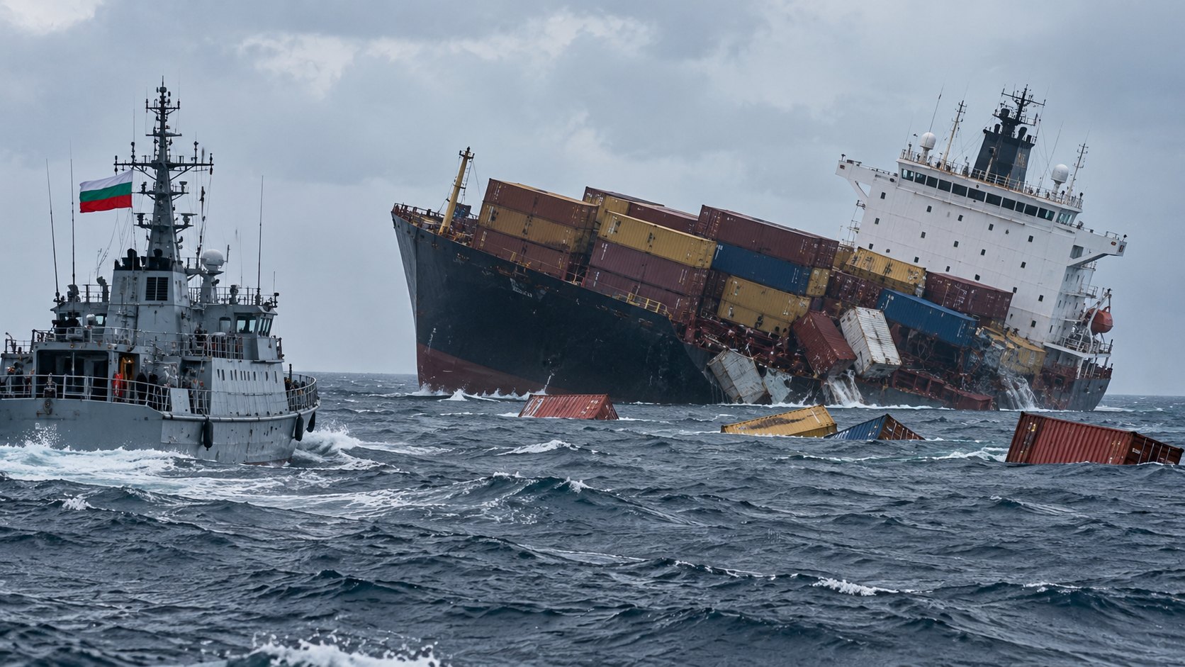 Ilustración editorial generada con IA: un portacontenedores escorado y dañado en el mar Negro, con contenedores caídos, mientras un buque de la Armada de Bulgaria se acerca; composición conceptual, no es una fotografía del hundimiento real.