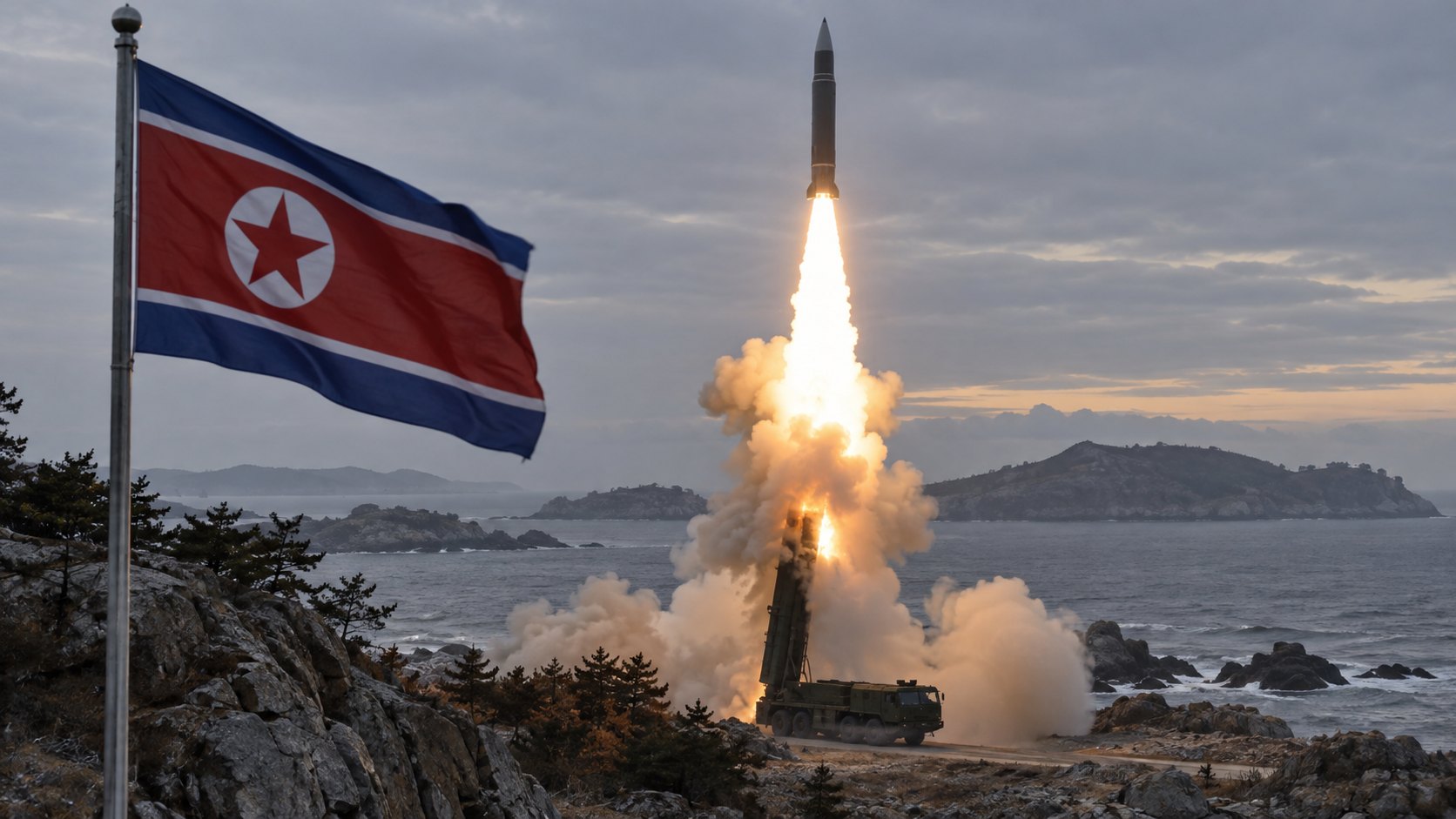 Ilustración editorial generada con IA: un misil balístico despega desde un lanzador móvil entre una columna de humo en una costa rocosa, con la bandera de Corea del Norte flameando en primer plano y el mar al fondo; no es una fotografía del lanzamiento.