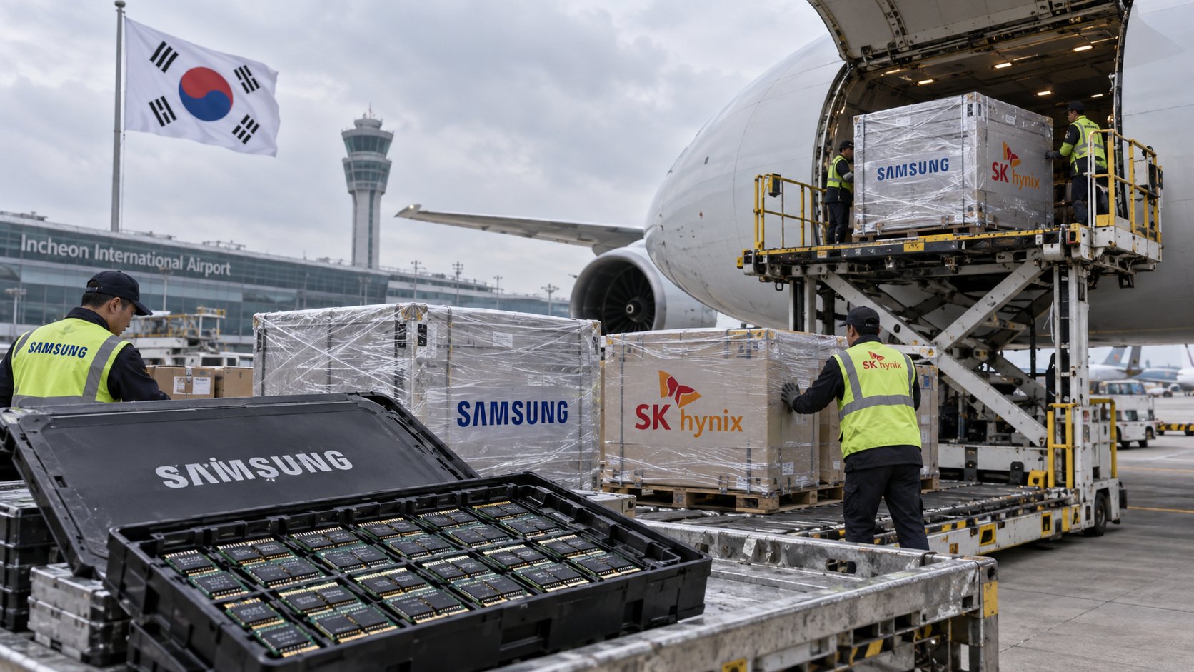 Ilustración editorial generada con IA: operarios con chalecos de seguridad cargan cajas antiestáticas con los logos de Samsung y SK hynix en un contenedor de carga aérea junto a un avión carguero en el aeropuerto de Incheon, con una bandera de Corea del Sur al fondo; composición conceptual, no es una fotografía documental.