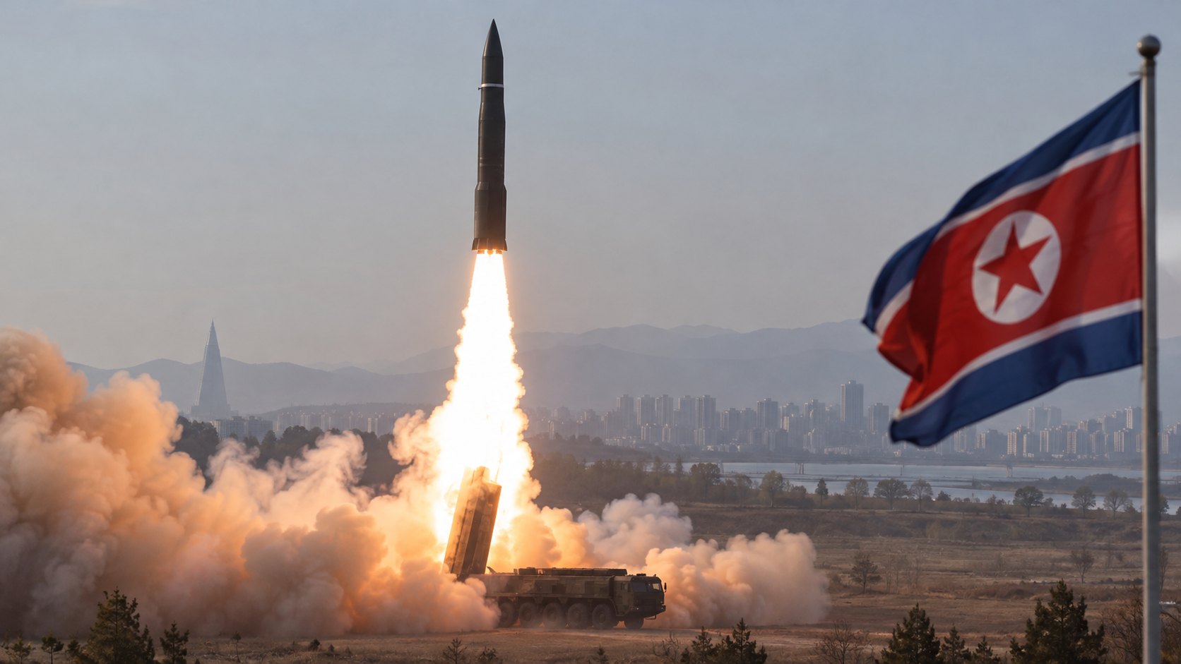 Ilustración editorial generada con IA: un misil balístico despega con una columna de fuego y humo desde un lanzador móvil en un descampado, con la bandera de Corea del Norte flameando en primer plano; composición conceptual, no es una fotografía del lanzamiento del 12 de octubre.
