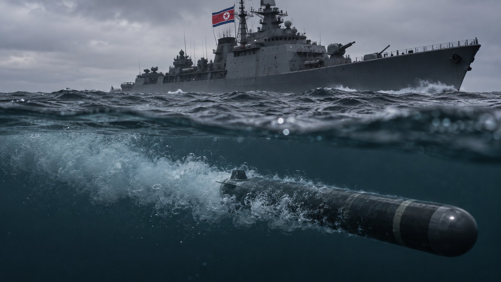 Ilustración editorial generada con IA: un torpedo gris oscuro avanza bajo la superficie del mar dejando una estela de burbujas, con un buque de guerra con la bandera de Corea del Norte navegando arriba en aguas grises; composición conceptual, no es una fotografía del ensayo del Zam-2.0.