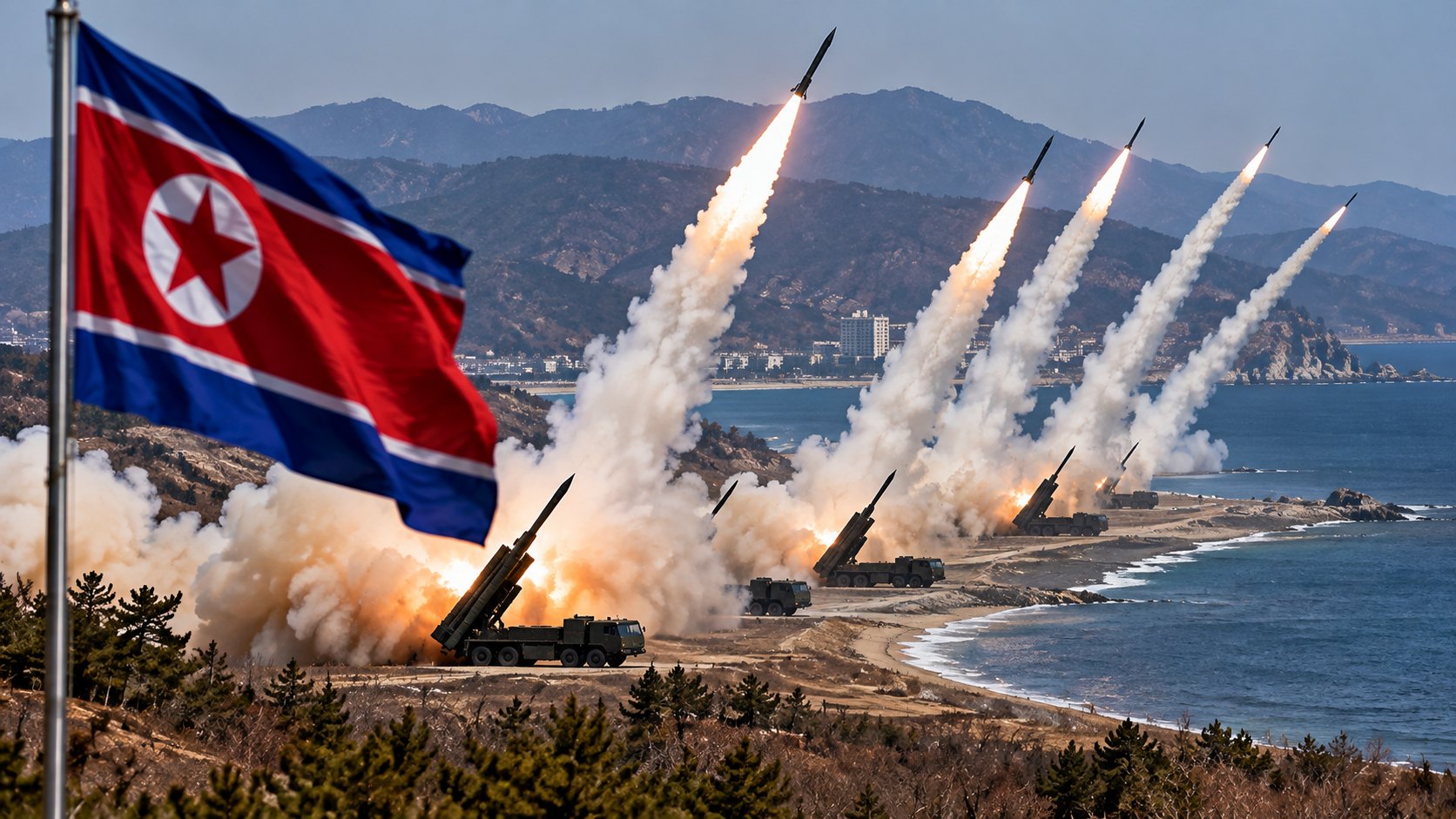 Ilustración editorial generada con IA: misiles balísticos despegando en salva desde lanzadores móviles en una costa, con estelas de humo blanco sobre el mar y una bandera de Corea del Norte en primer plano; composición representativa, no es una fotografía del lanzamiento.