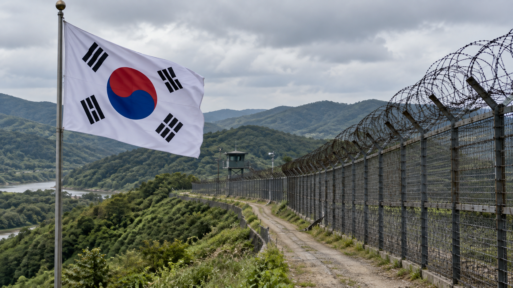 Ilustración editorial generada con IA de la bandera surcoreana junto a una cerca fronteriza; no muestra el lugar de la explosión ni una operación real.